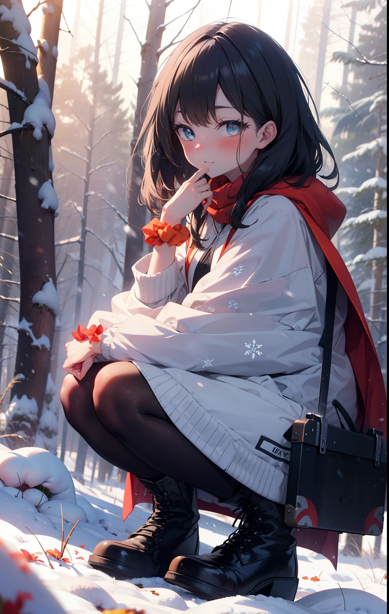 6 flowers, rikka takarada, Black Hair, blue eyes, Long Hair, orange Scrunchie, Scrunchie, wrist Scrunchie,smile,blush,White Breath,
Open your mouth,snow,Ground bonfire, Outdoor, boots, snowing, From the side, wood, suitcase, Cape, Blurred, Increase your meals, forest, White handbag, nature,  Squat, Mouth closed, フードed Cape, winter, Written boundary depth, Black shoes, red Cape break looking at viewer, Upper Body, whole body, break Outdoor, forest, nature, break (masterpiece:1.2), highest quality, High resolution, unity 8k wallpaper, (shape:0.8), (Beautiful and beautiful eyes:1.6), Highly detailed face, Perfect lighting, Highly detailed CG, (Perfect hands, Perfect Anatomy),