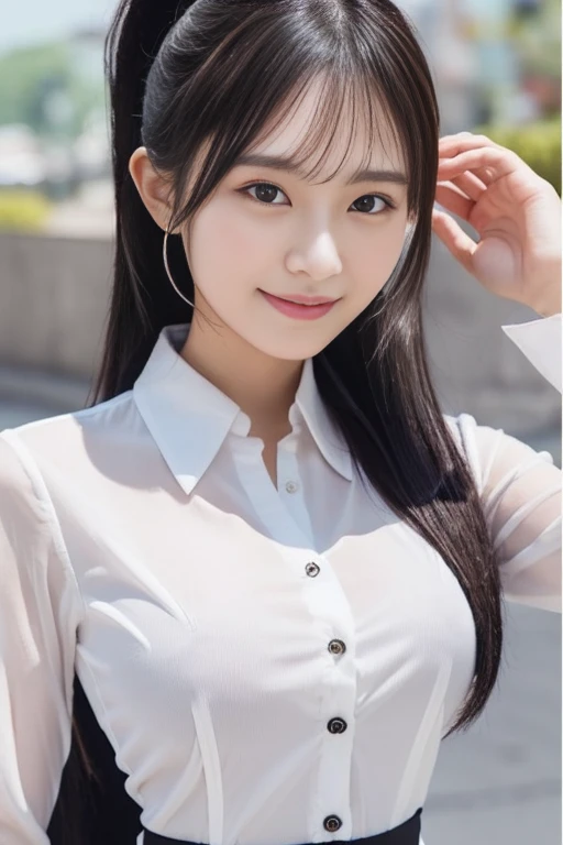 (Body turned to the side、Shooting from the side while facing sideways),Not looking here、(Wearing a white blouse、Wearing a business suit),(The third button on her blouse is slightly open.,A small amount of her chest is visible through the gap between the buttons.、The edge of the bra is visible through the gap between the buttons.:1.4),Mid-chest、slender、ponytail、Black Hair、Beauty、23 years old、cute、smile、Tuck the shirt into the skirt