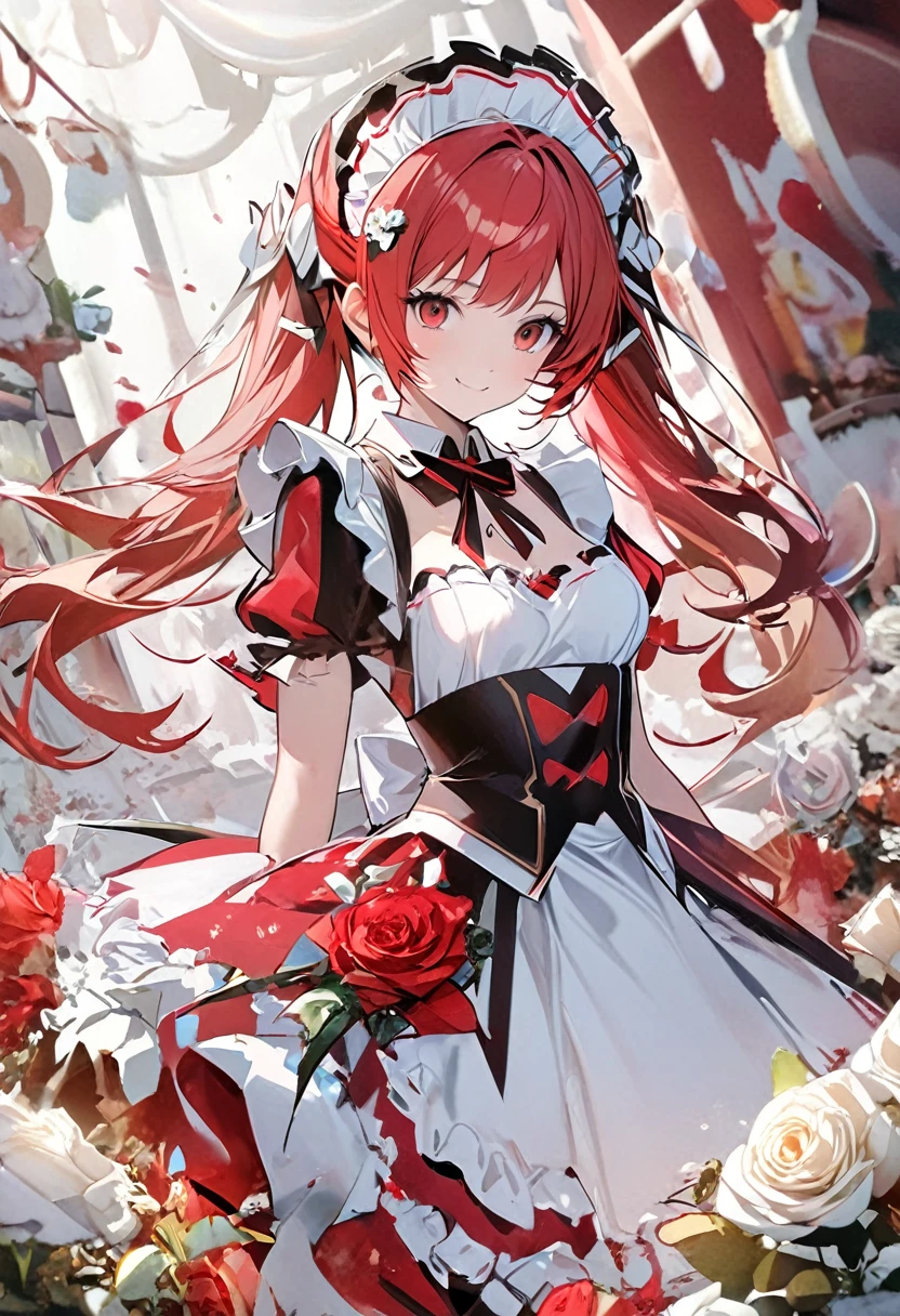 High quality, high definition, hig
h precision images,8k 1Girl、red hair,Twin tails,Red eyes.(robot style red and white barrette)、colorful maid Cafe, White and red luxurious frilled maid outfit,A single rose is blooming,The surrounding area is a flower garden filled with white roses.A single red rose that bloomed Staring with a smile,red rose close up