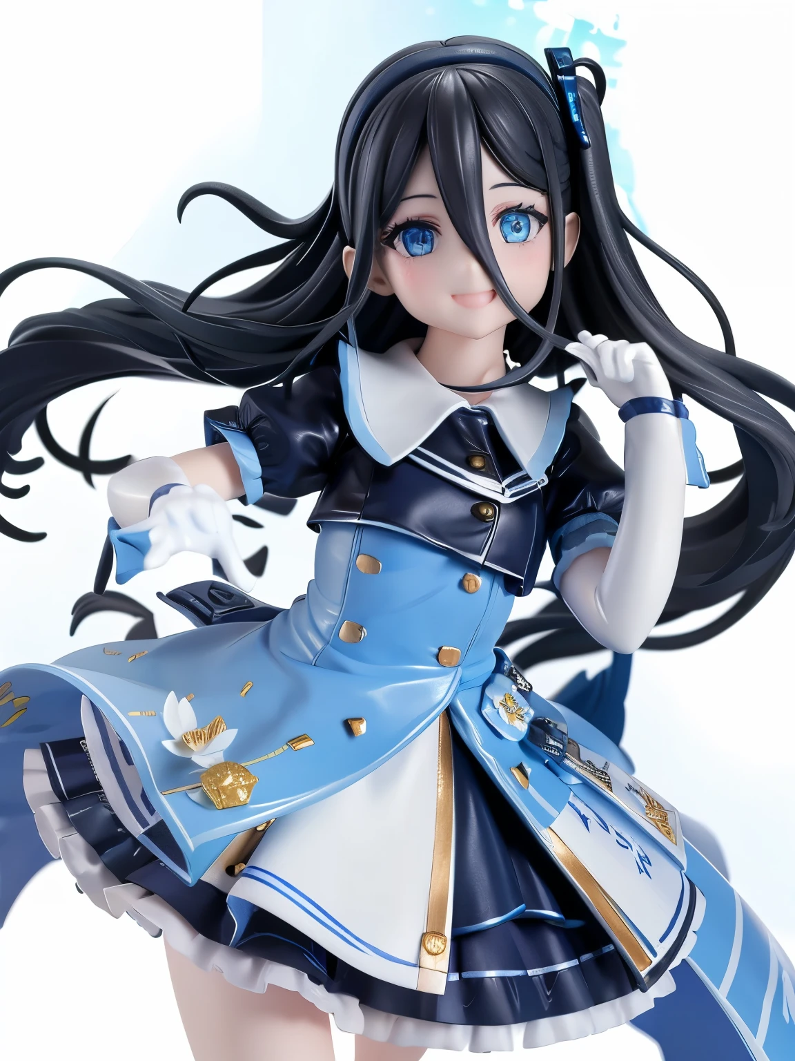 Masterpiece, hd, realistic,  Alice, black hair, blue eyes, long hair, wear idol dress, blue and white color idol dress, short sleeves, frilled dress, standing, simple background, white background, smile, pvc, plastic models