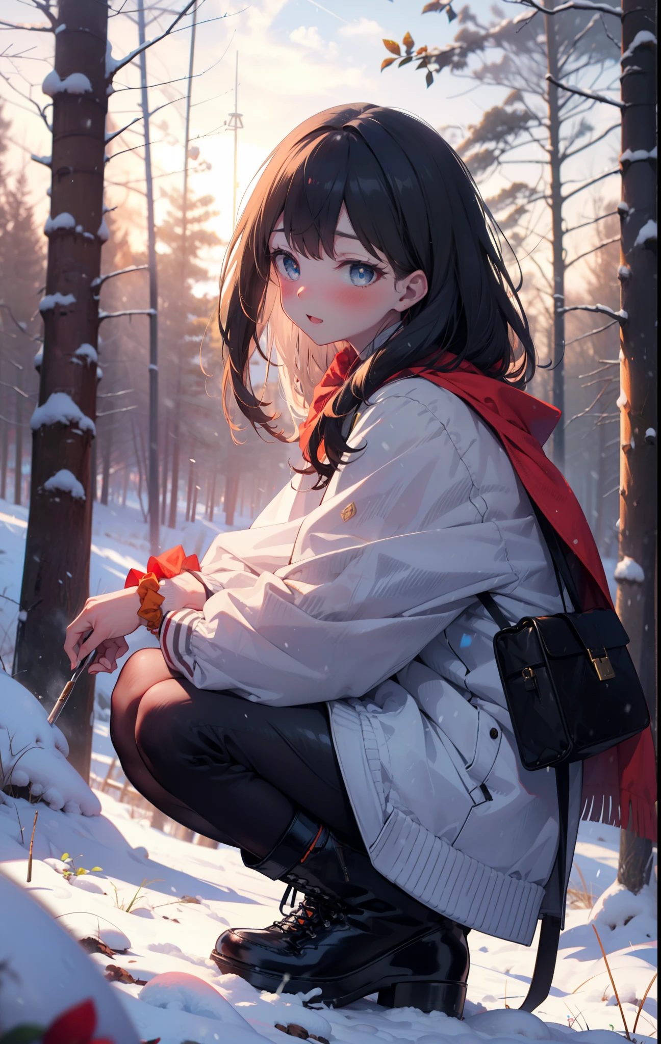 6 flowers, rikka takarada, Black Hair, blue eyes, Long Hair, orange Scrunchie, Scrunchie, wrist Scrunchie,smile,blush,White Breath,
Open your mouth,snow,Ground bonfire, Outdoor, boots, snowing, From the side, wood, suitcase, Cape, Blurred, Increase your meals, forest, White handbag, nature,  Squat, Mouth closed, フードed Cape, winter, Written boundary depth, Black shoes, red Cape break looking at viewer, Upper Body, whole body, break Outdoor, forest, nature, break (masterpiece:1.2), highest quality, High resolution, unity 8k wallpaper, (shape:0.8), (Beautiful and beautiful eyes:1.6), Highly detailed face, Perfect lighting, Highly detailed CG, (Perfect hands, Perfect Anatomy),