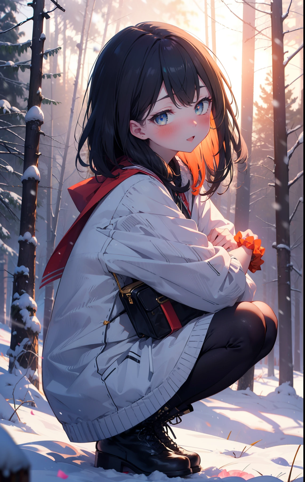 6 flowers, rikka takarada, Black Hair, blue eyes, Long Hair, orange Scrunchie, Scrunchie, wrist Scrunchie,smile,blush,White Breath,
Open your mouth,snow,Ground bonfire, Outdoor, boots, snowing, From the side, wood, suitcase, Cape, Blurred, Increase your meals, forest, White handbag, nature,  Squat, Mouth closed, フードed Cape, winter, Written boundary depth, Black shoes, red Cape break looking at viewer, Upper Body, whole body, break Outdoor, forest, nature, break (masterpiece:1.2), highest quality, High resolution, unity 8k wallpaper, (shape:0.8), (Beautiful and beautiful eyes:1.6), Highly detailed face, Perfect lighting, Highly detailed CG, (Perfect hands, Perfect Anatomy),