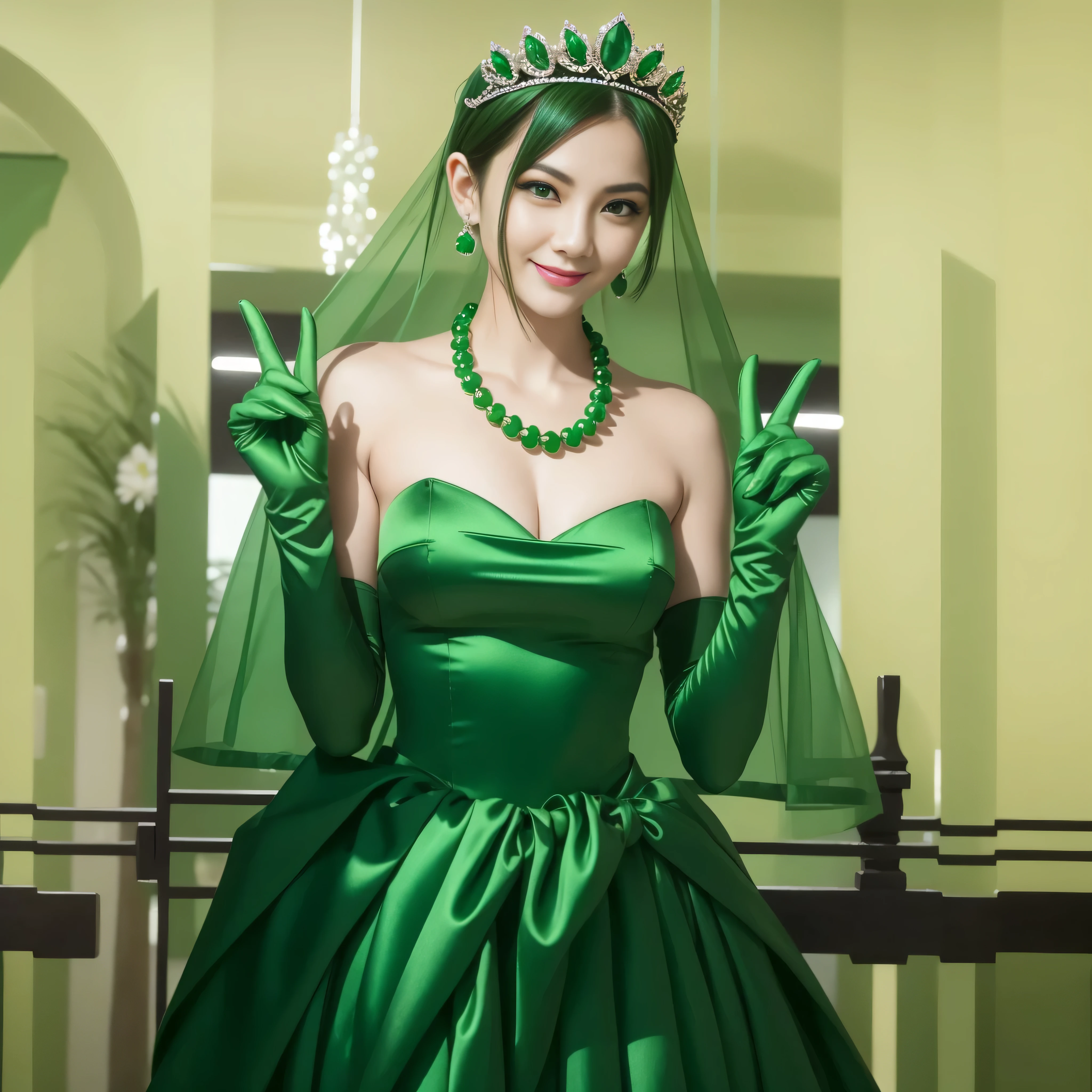 Emerald tiara, Green Pearl Necklace, Boyish very short green hair, lipstick, Smiling Japanese woman, Very short hair, Big and beautiful, Green Eyes, Long green satin gloves, Green Eyes, V sign, Emerald Earrings, Green veil