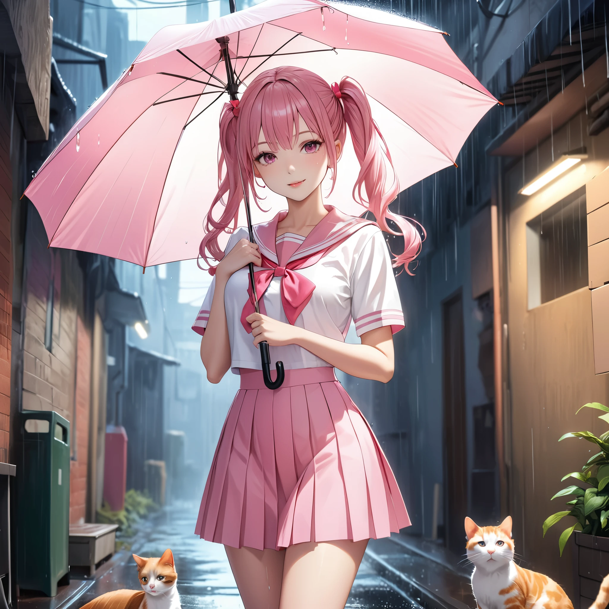 (8K, masutepiece, Best Quality, Official art, beautiful lighting, The best masterpiece in history that exceeds limits, beautiful detailed), (1 Girl and 1 cat, Solo), (sixteen years old), (beautiful detailed face), (shiny white skin), (Beautiful big bust:1.3), (thighs), (beautiful detailed pink twin tails hair, Bangs:1.3), (beautiful detailed drooping pink eyes:1.5), (high school uniform:1.3), (patsel pink sailor collar, white short sleeves short length outing shirt, pastel pink pleated skirt, patsel pink ribbon:1.3), (happy smile:1.2), (Attractive), breathtaking scenery, (ultra detailed realistic Beautiful rainy season, rain, umbrella, Alley:1.5), (a small cute white kitten, cardboard box:1.5),