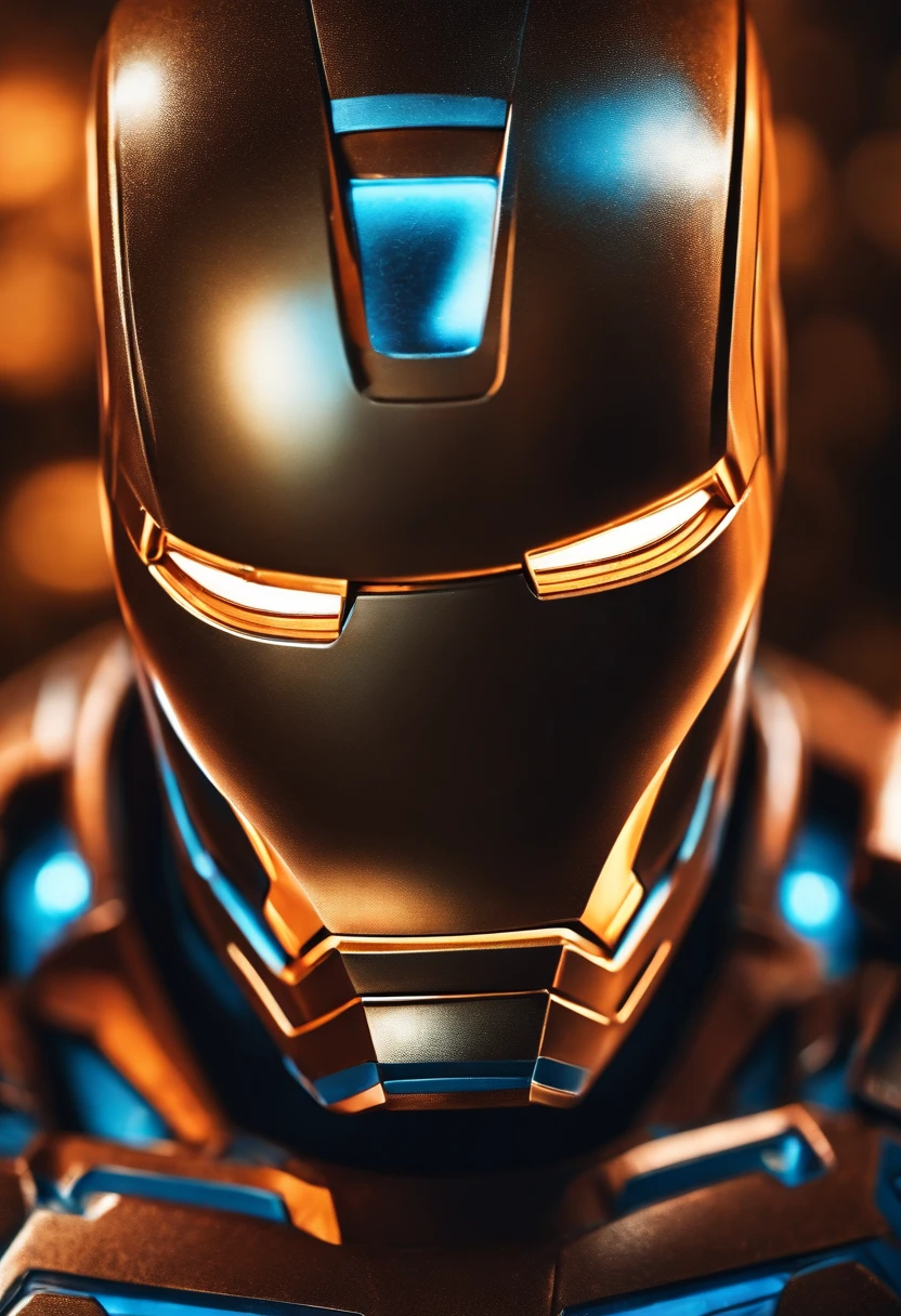 a highly detailed   orange    iron man, beautiful detailed eyes glowing bright blue, intricate metal shell with complex textures and decorations, cinematic dramatic lighting, hyper realist