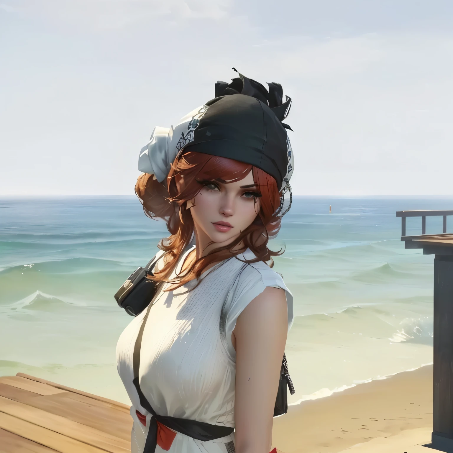 there is a woman with a hat and a man standing on a dock, wearing a white bathing cap, gta v character, style of gta v, as a character from gtav, gta5 style, gta v street style, standing near the beach, gta 5 screenshot, screenshot from gta v, at the beach, at the sea, gta v screenshot