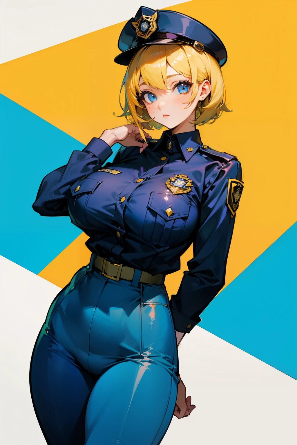 Girl, policewoman, short yellow hair, blue eyes, big breasts, tight pants