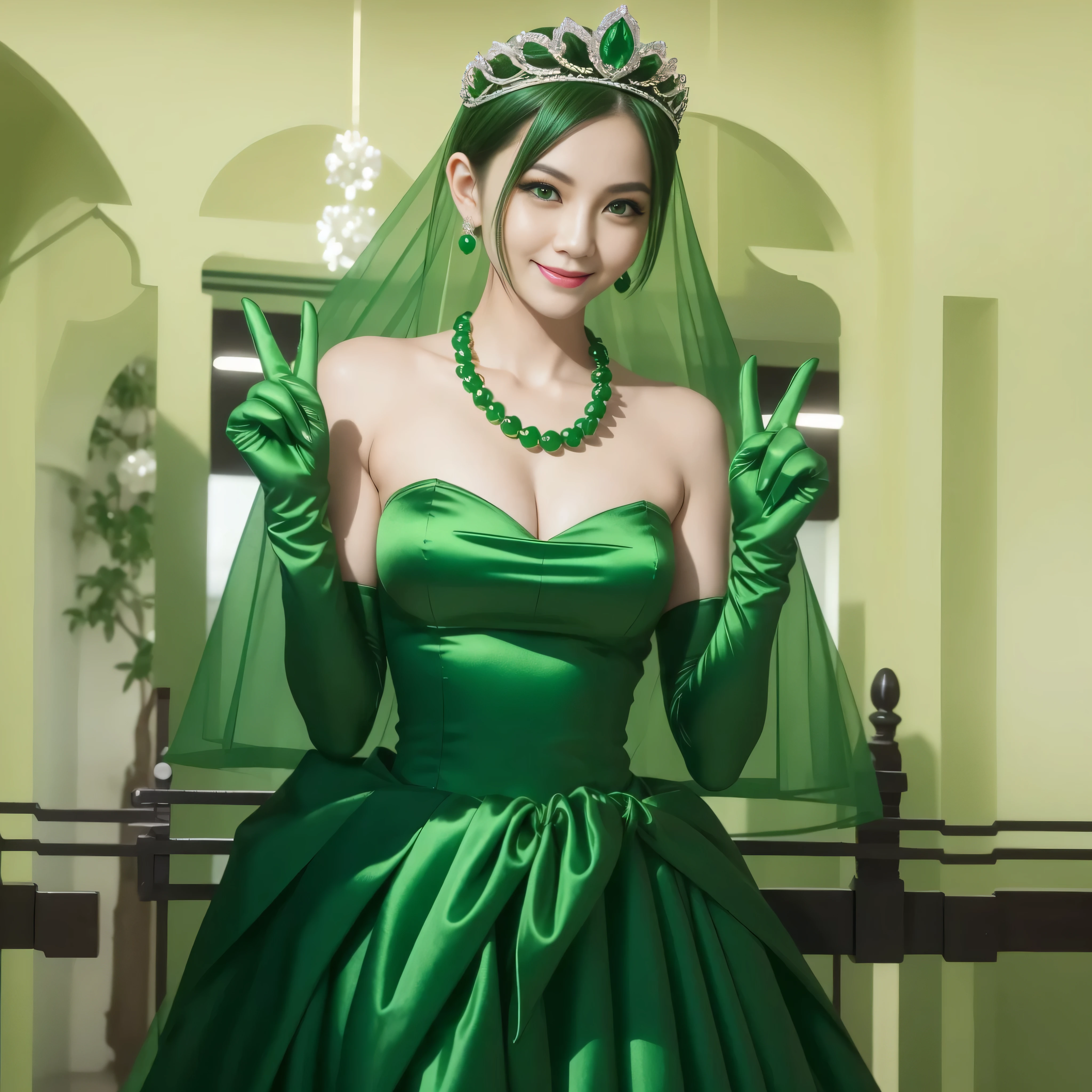 Emerald tiara, Green Pearl Necklace, Boyish very short green hair, lipstick, Smiling Japanese woman, Very short hair, Big and beautiful, Green Eyes, Long green satin gloves, Green Eyes, V sign, Emerald Earrings, Green veil
