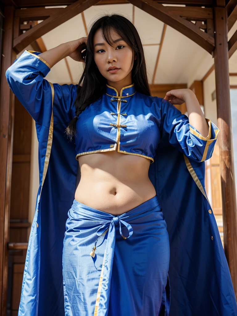 Mongolian woman wearing traditional dress showing her belly