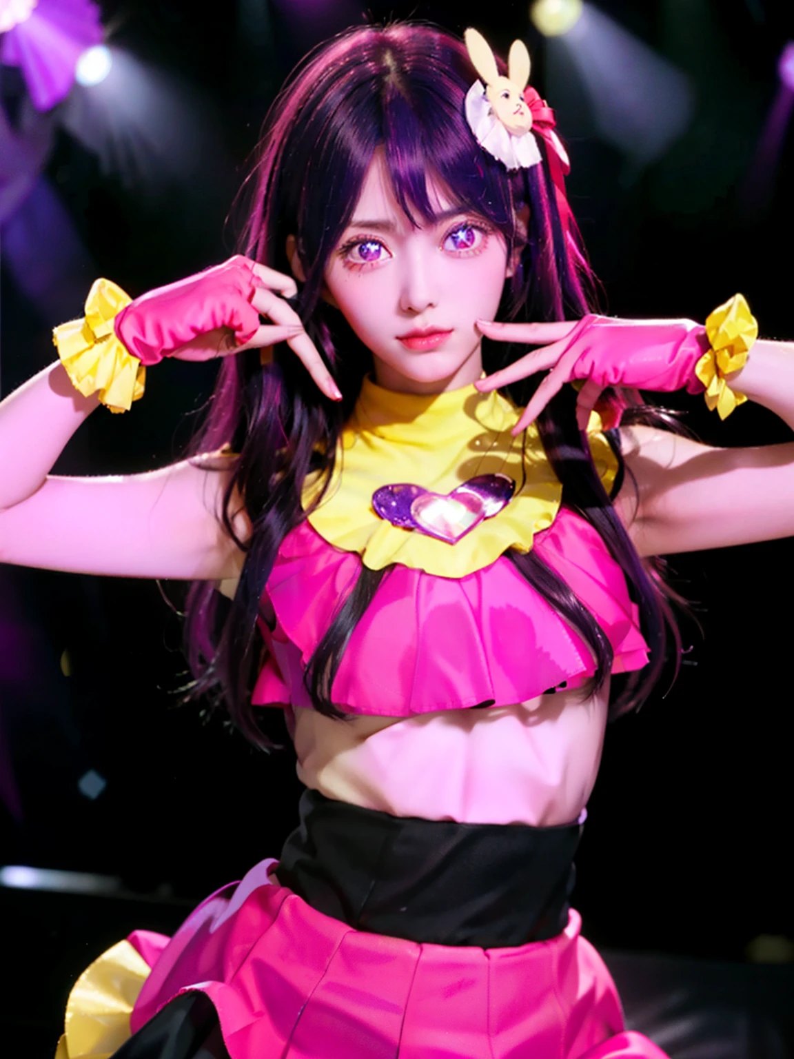 Realistic, One girl, Purple Hair, Purple eyes, Star-shaped pupils, Idol Costumes, skirt, Lips parted, blush, Stage Light Background, Red gloves, hair ornaments, Perfect hands足, Perfect hands, Perfect Fingers