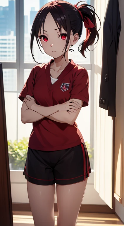 Kaguyasinomiya, Kaguya Shinomiya, folded ponytail, forehead, hair ribbon, (red eyes:1.5), red ribbon, band, Short hair, side locks, (little chest:1.2), gym uniform, Short top, legging, BREAK looks at the viewer, stands with your back to the viewer, seen from behind, ass, big ass, shows the, BREAKTHROUGH in the room, Classroom, BREAK (Masterpiece:1.2), Best Quality, High Resolution, Unity 8k Wallpaper, (illustartion:0.8), (beautiful detail eyes:1.6), extremely detailed face, perfect lighting, extremely detailed CGI, (perfect arms, perfect anatomy),