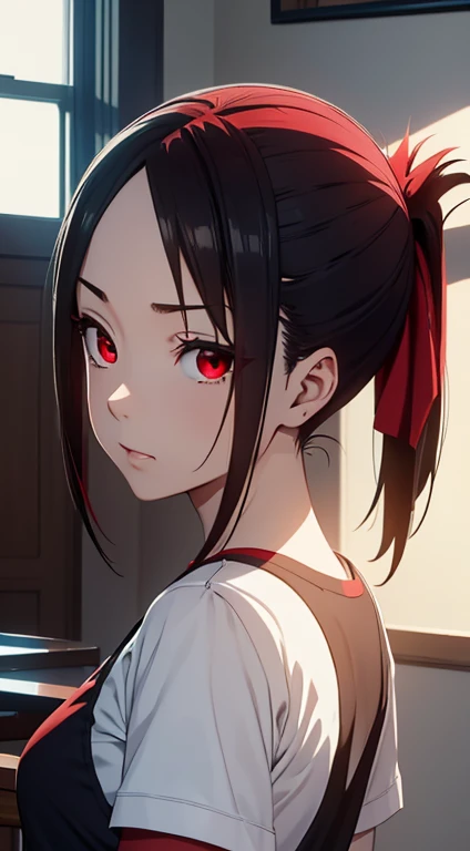 Kaguyasinomiya, Kaguya Shinomiya, folded ponytail, forehead, hair ribbon, (red eyes:1.5), red ribbon, band, Short hair, side locks, (little chest:1.2), gym uniform, Short top, legging, BREAK looks at the viewer, stands with your back to the viewer, seen from behind, ass, big ass, shows the, BREAKTHROUGH in the room, Classroom, BREAK (Masterpiece:1.2), Best Quality, High Resolution, Unity 8k Wallpaper, (illustartion:0.8), (beautiful detail eyes:1.6), extremely detailed face, perfect lighting, extremely detailed CGI, (perfect arms, perfect anatomy),
