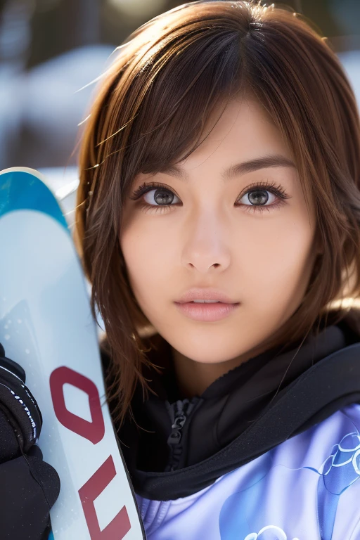 (((Snowboard player:1.4, Olympian:1.4, Slopes, Ski wear))), (Ultra Realistic, High resolution), (Highly detailed eyes, Highly detailed hair, highly detailed face, Highly detailed plump lips，Perfect Anatomy),(highest quality:1.4), RAW Photos,(Realistic, photo-Realistic:1.37)