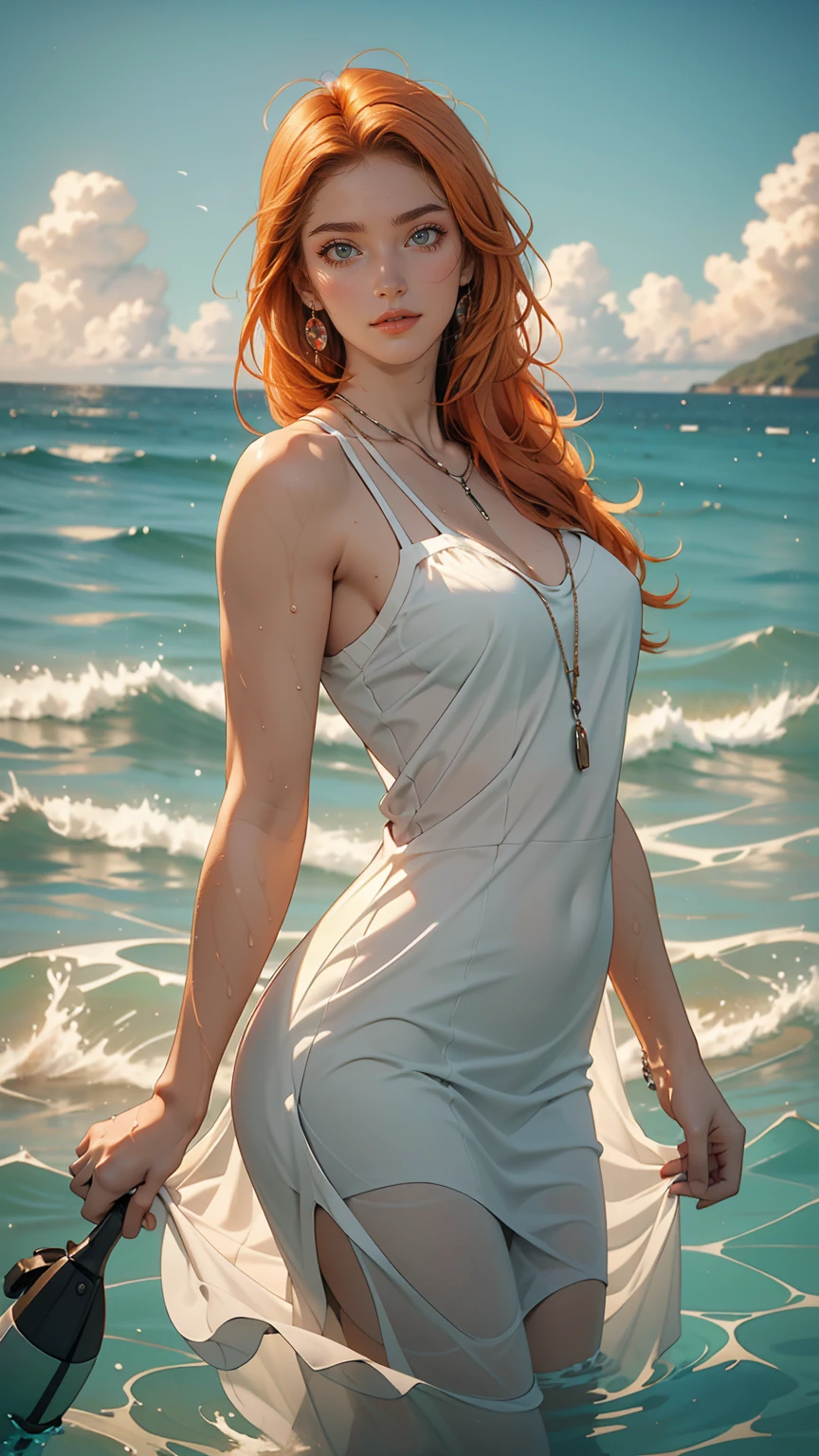 (masterpiece, highest quality), ((One girl, alone, Long Hair)), Ishmael_edge, Innocent look, Bare arms, Exposing shoulders, Bare neck, watercolor, Sundress, Liquid clothing, water, Wave, water dress, green_theme, night, haze, dark, Sharp focus, Ocean, See-through dress, Orange Hair