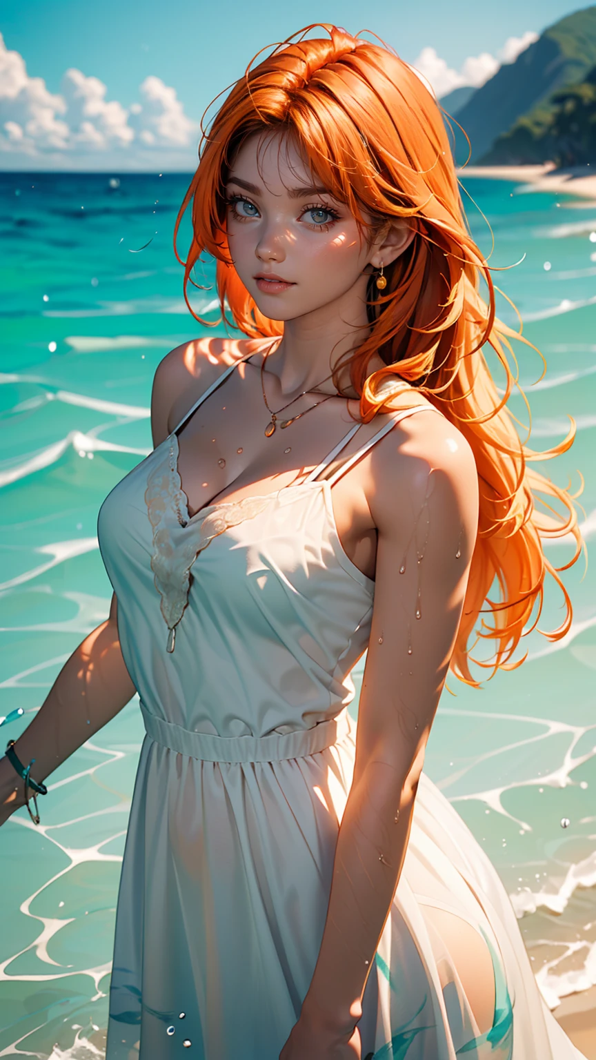 (masterpiece, highest quality), ((One girl, alone, Long Hair)), Ishmael_edge, Innocent look, Bare arms, Exposing shoulders, Bare neck, watercolor, Sundress, Liquid clothing, water, Wave, water dress, green_theme, night, haze, dark, Sharp focus, Ocean, See-through dress, Orange Hair