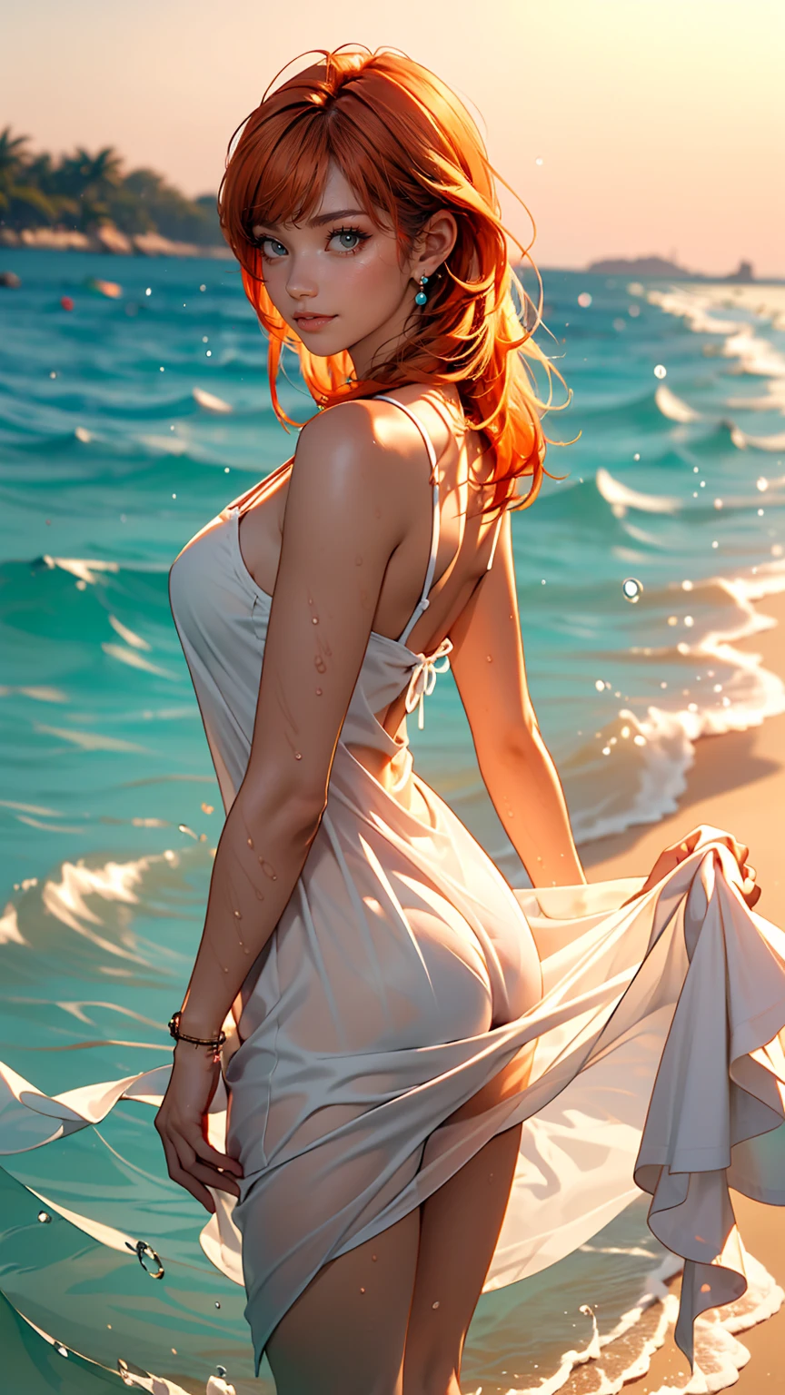 (masterpiece, highest quality), ((One girl, alone, Long Hair)), Ishmael_edge, Innocent look, Bare arms, Exposing shoulders, Bare neck, watercolor, Sundress, Liquid clothing, water, Wave, water dress, green_theme, night, haze, dark, Sharp focus, Ocean, See-through dress, Orange Hair