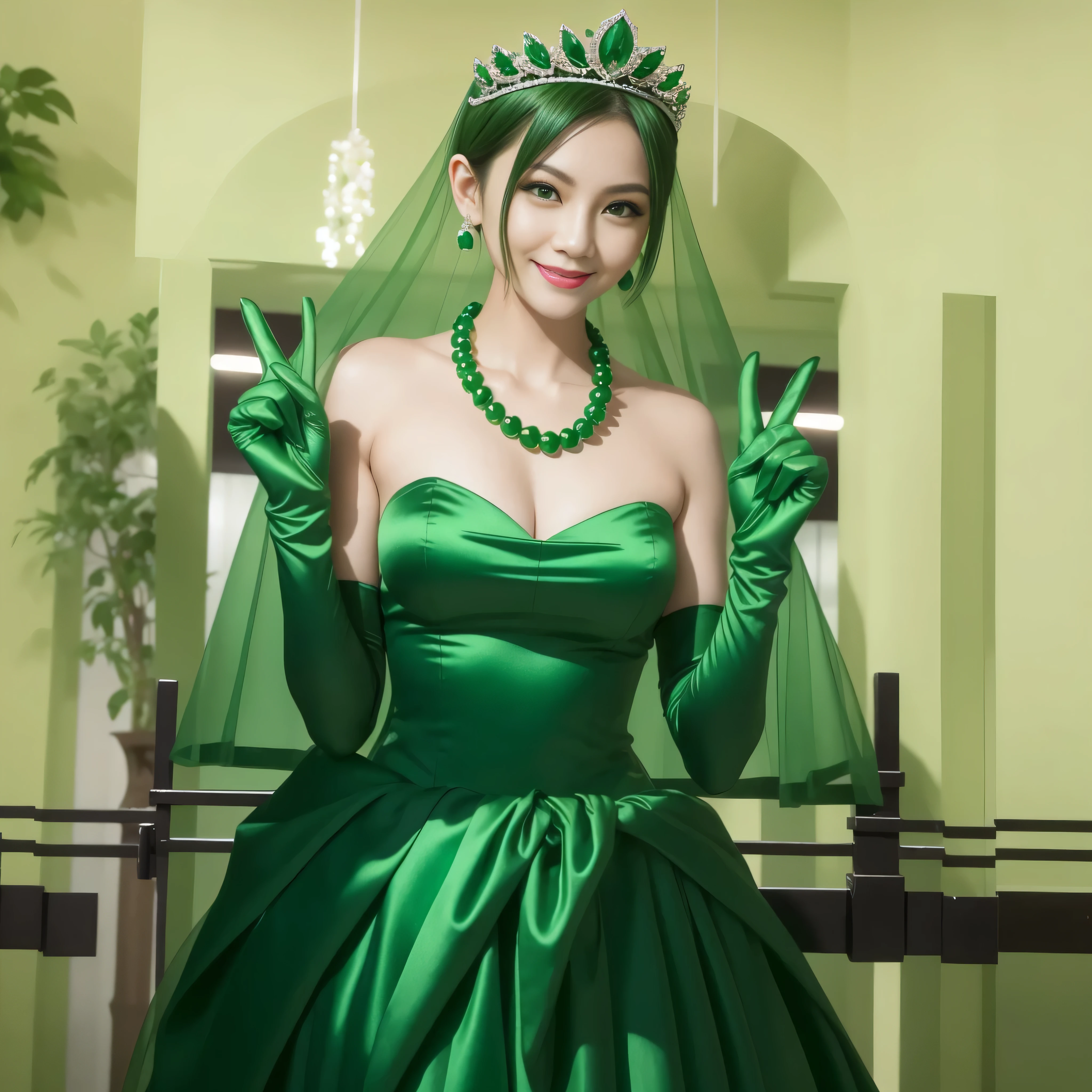 Emerald tiara, Green Pearl Necklace, Boyish very short green hair, lipstick, Smiling Japanese woman, Very short hair, Big and beautiful, Green Eyes, Long green satin gloves, Green Eyes, V sign, Emerald Earrings, Green veil