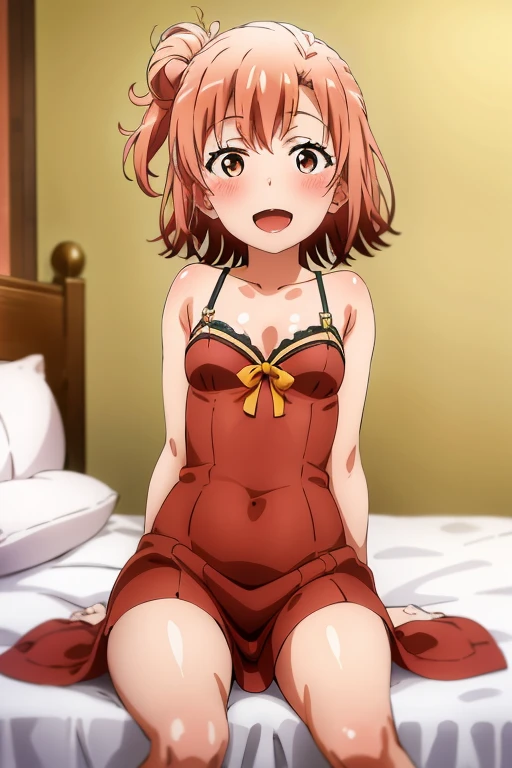 ((highest quality)), ((masterpiece)), (be familiar with), Perfect Face, indoor, Bedroom, Watching the audience,
One woman, Yuigahama Yui,
Open Mouth, Ecstatic expression, blush, smile,
Small breasts, Flat Chest, Young Girl, , , Girl,
Short Hair, Salmon-colored hair, Salmon-colored eyes, Side Pony,
Leg spread,