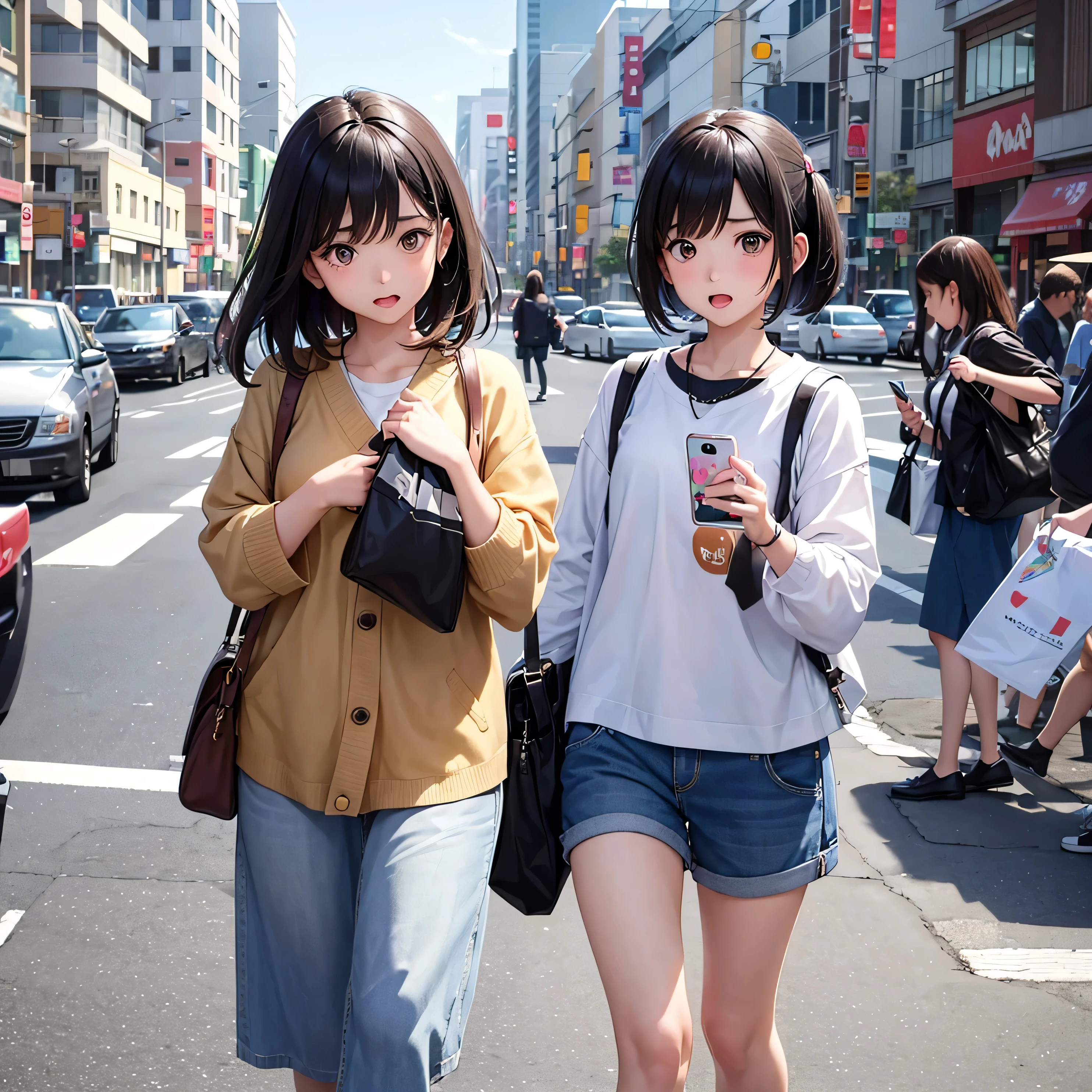 A cute Japanese girl with a shocked expression on her face, looking at her phone with a mix of surprise and concern. She is holding the phone in one hand, and her eyes are wide open, with her mouth slightly agape. The background shows a blurred view of social media icons and a Google Maps interface with many negative reviews highlighted. The scene conveys a sense of being overwhelmed and worried by the influx of bad reviews on Google Maps. The girl has shoulder-length black hair and is wearing casual clothes.
