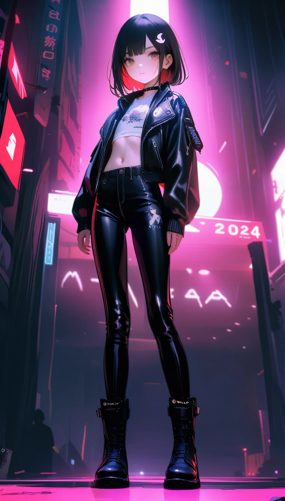 [artist:ningen_mame],[artist:sho_(sho_lwlw)],[artist:mignon],[artist:kedama milk],[artist:ask_(askzy)],artist:wanke,artist:wlop,artist:fujiyama,year 2024,8k,cyberpunk style,1girl,(Miyu Edelfelt),black hair,brown eyes,small chest,Tight leather jacket and leather pants cover the whole body,High-heeled leather boots,sexually suggestive,Beautiful,Glowing special effects,celluloid style,Flat coating,HD,CG art,comics,8K,looking into camera,high quality,illustration,Vaporwave style,rim light,movie lighting,Super detailed,complex,OC renderer,cinematic perspective,high resolution
