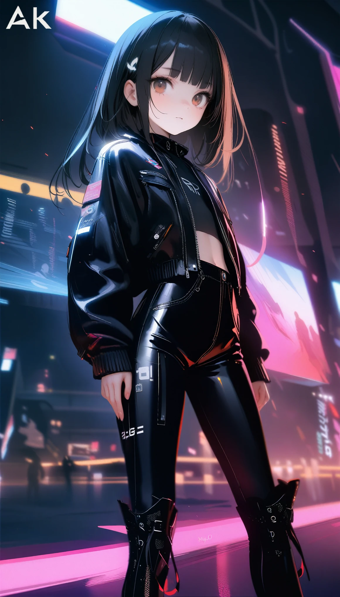 [artist:ningen_mame],[artist:sho_(sho_lwlw)],[artist:mignon],[artist:kedama milk],[artist:ask_(askzy)],artist:wanke,artist:wlop,artist:fujiyama,year 2024,8k,cyberpunk style,1girl,(Miyu Edelfelt),black hair,brown eyes,small chest,Tight leather jacket and leather pants cover the whole body,High-heeled leather boots,sexually suggestive,Beautiful,Glowing special effects,celluloid style,Flat coating,HD,CG art,comics,8K,looking into camera,high quality,illustration,Vaporwave style,rim light,movie lighting,Super detailed,complex,OC renderer,cinematic perspective,high resolution