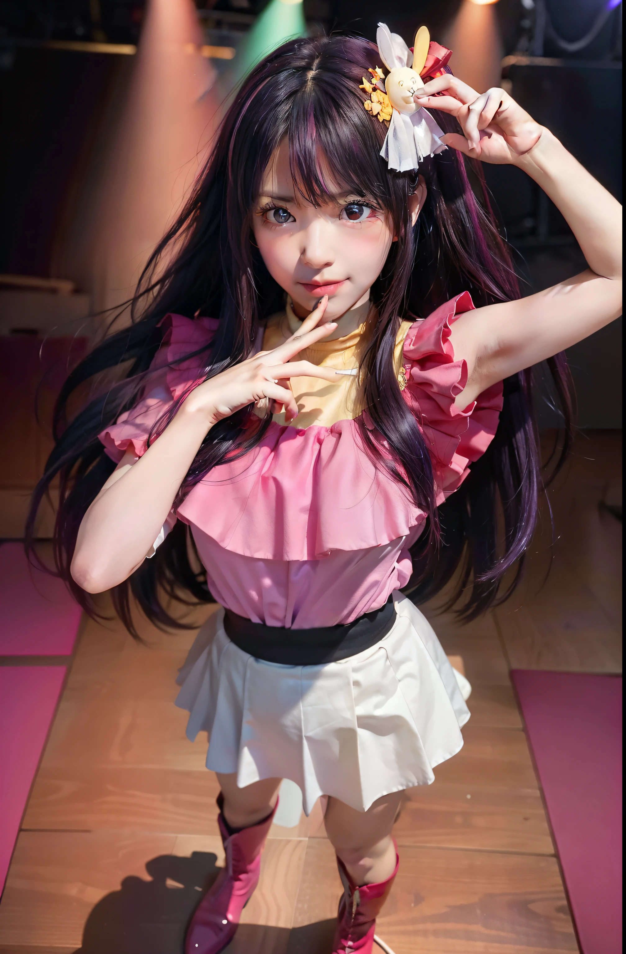 (masterpiece), highest quality, Expressive eyes, Perfect Face, High resolution, (8k), (Perfect Face), (Super detailed), Hoshino Ai, Long Hair, Purple Hair, Striped Hair ,Purple eyes, Star-shaped pupils, hair ornaments, Frills, Pink Boots, pink shirt, smile, No sleeve, shirt, Idol, illumination, Colorful, Concert atmosphere, Are standing, Portraiture, Stage Background, Pause, Looking at the audience, whole body