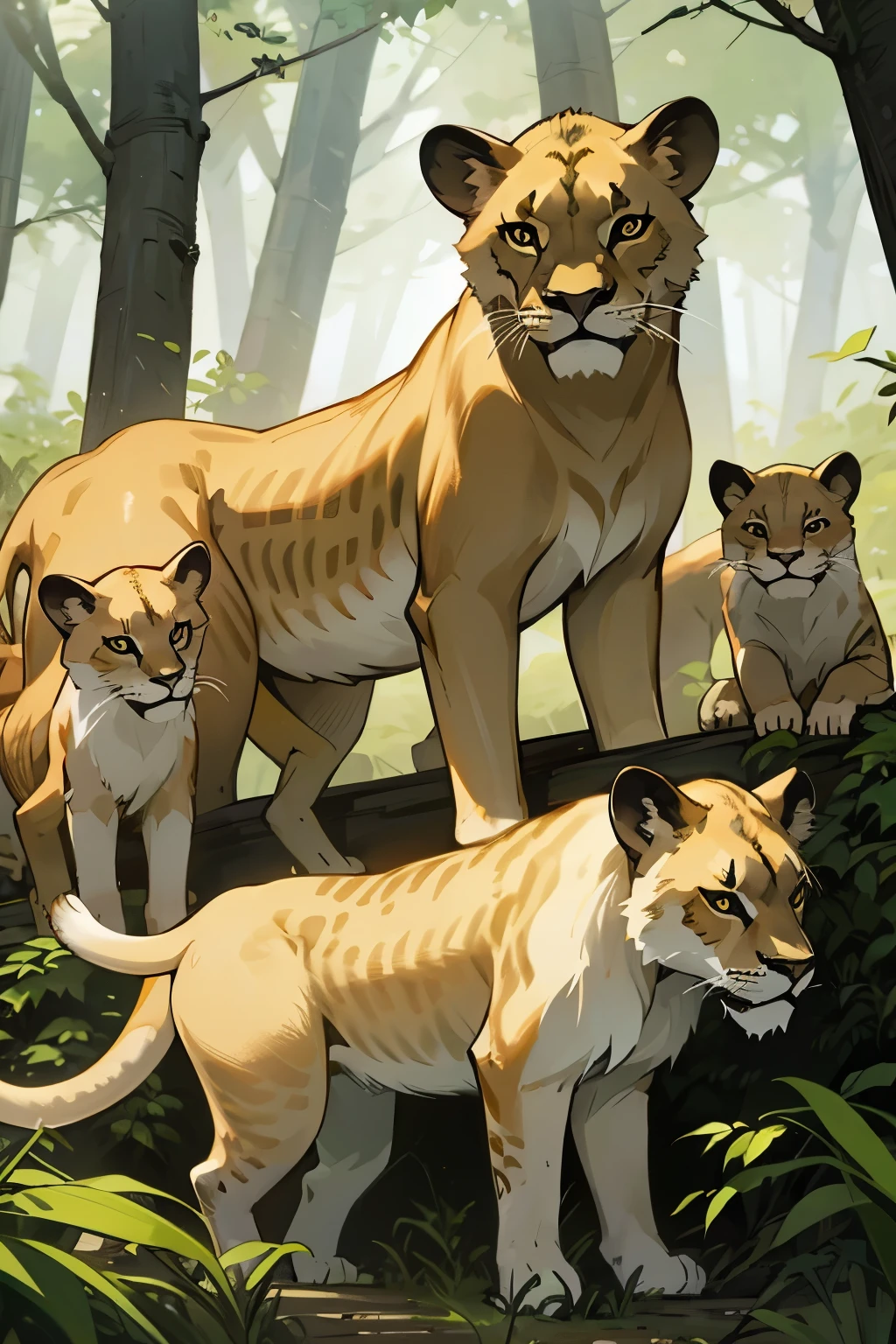 Lioness in the forest with her cubs
