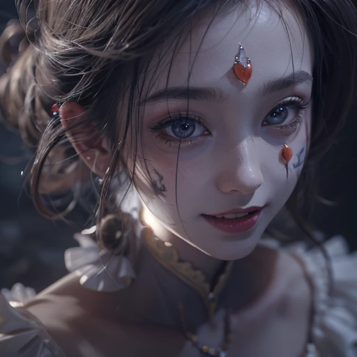 Standing in the grave、Hair flow、 ((highest quality、masterpiece、8k、Best image quality、Ultra-high resolution、Award-winning works)、(Accurate anatomy:1.1)、(Look at me and smile:1.1)、Shining fair skin with Ultra-high resolution、The most detailed face、Ultra-high resolution detailed face、Ultra-high resolutionの髪の毛、(Ultra-high resolution eye:1.1)、Beautiful face drawn in every detail、Cheerful clown costume, Chest to chest, Strange atmosphere, Ghosts flow, Dark Light, At the cemetery, Heavy makeup