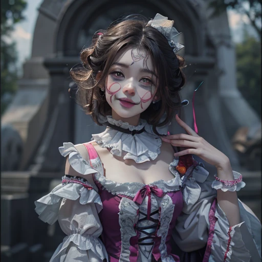 Standing in the grave、Hair flow、 ((highest quality、masterpiece、8k、Best image quality、Ultra-high resolution、Award-winning works)、(Accurate anatomy:1.1)、(Look at me and smile:1.1)、Shining fair skin with Ultra-high resolution、The most detailed face、Ultra-high resolution detailed face、Ultra-high resolutionの髪の毛、(Ultra-high resolution eye:1.1)、Beautiful face drawn in every detail、Cheerful clown costume, Chest to chest, Strange atmosphere, Ghosts flow, Dark Light, At the cemetery, Heavy makeup
