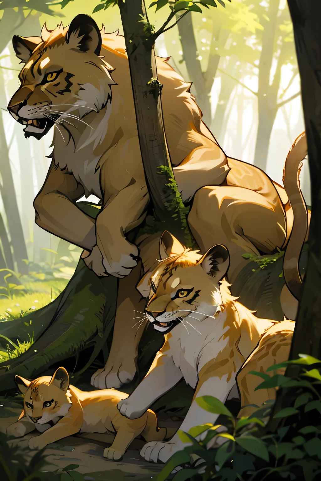 Lioness in the forest with her cubs