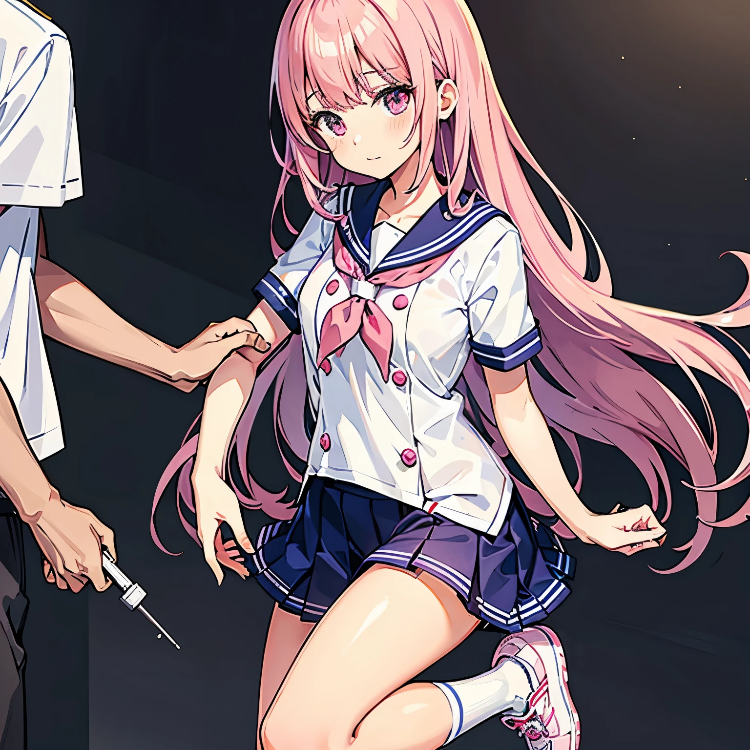 A pink-haired high school girl in a sailor uniform receives a vaccination、A man grabs your arm、Take the syringe and stick it into your upper arm.。.