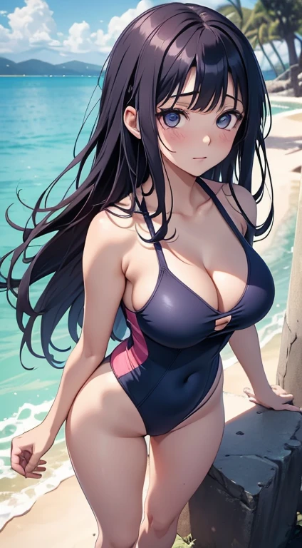 1girl, 1girl hinata full body, Hinata Hyuga, Hinata Hyuga naruto shippuden, hyuga hinata, (anime: naruto), adorable, female body, perfect body, fullbody, lavender gentle eyes, dark blue hair, dark blue long hair, beautiful, perfect body, swimsuit, female swimsuit, onepiece swimsuite, one piece bathingsuit, beautiful woman body, hinata, ultrasharp, 4k picture, highly detailed, stunning