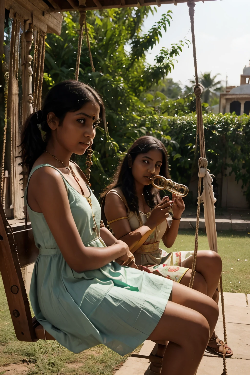 Krishna and a girl sitting on swing, Krishna is playing flute the girl is listening, shes wearing a pretty long simple frock