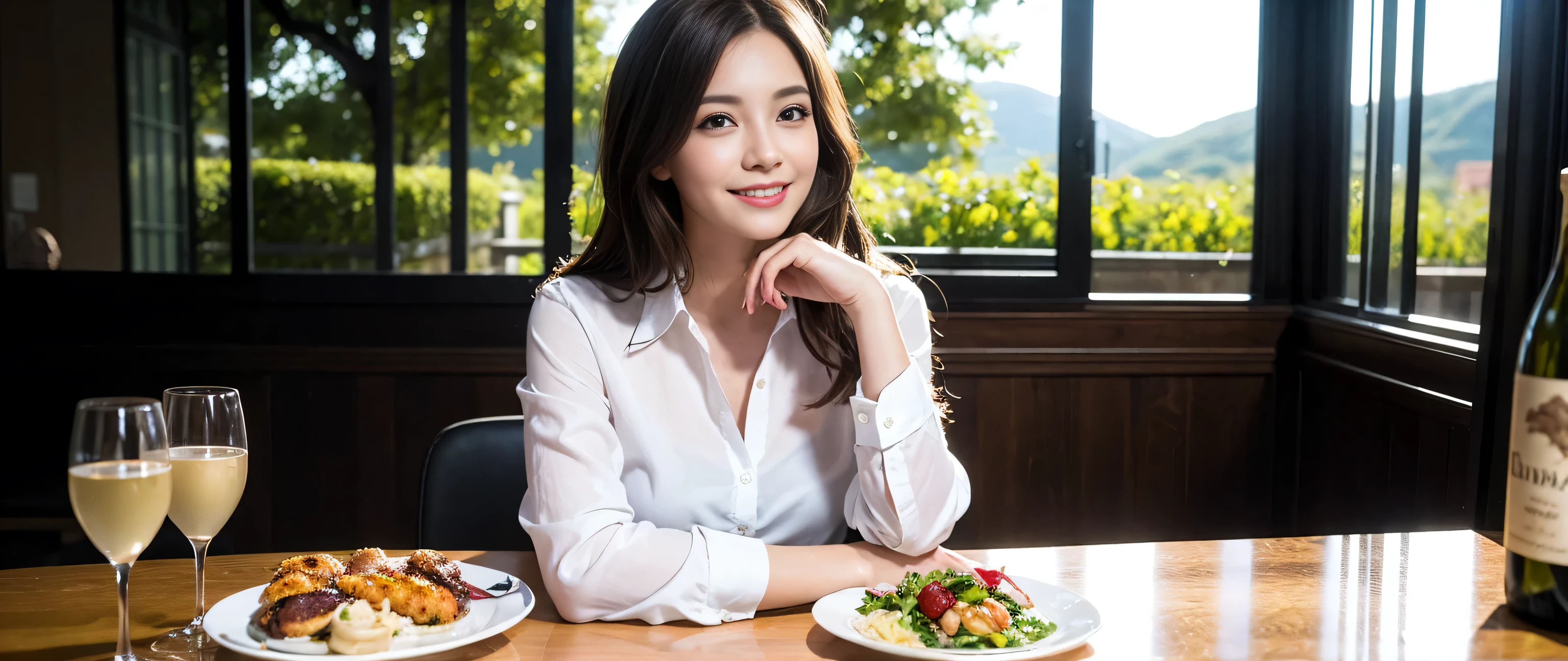 ((highest quality、8k、masterpiece:1.3))、1 male、1 female、Couple、Lovers Couple、Slim body、((Bob Hale、Straight hair:1.2))、(Realistic, Intricate details:1.2), Wine glass on the table、Put the light on your face、 Amazing view of the sunset sky and clouds、Amazing mountain views、A bright smile、A lovely woman with a smile、Bright image、Beautiful Face, blue eyes, The light shines on your face, Blushing, short hair,Bright Face、Fox face、 (40 years old), 39 years old, Lady、red wine 、Appetizers、Italian food、Wine bottle、Champagne、sparkling wine、Two beauties、Brown Hair、Shortcuts、Long sleeve shirt、dress、Pretty Woman 1, (Slim face), (The body is slim), (Brown Hair), (Shortcuts), cheeks turn a little red,Attractive beauty、, Out of the window, A beautiful and detailed night view unfolds.........., restaurant, In a prominent place (From the waist up) Nova Frog Style, actress, model, Upper Body, White wine, slim, wine glass, Wine glass placed in the center, smile, (smile: 1.15), Beautiful fine grain, Depth f/2,saturation, High Contrast, Strong light and shadow,Moist Body:1.5、3D texture、Delicate eyes、Brown Hair、The hair is very shiny、