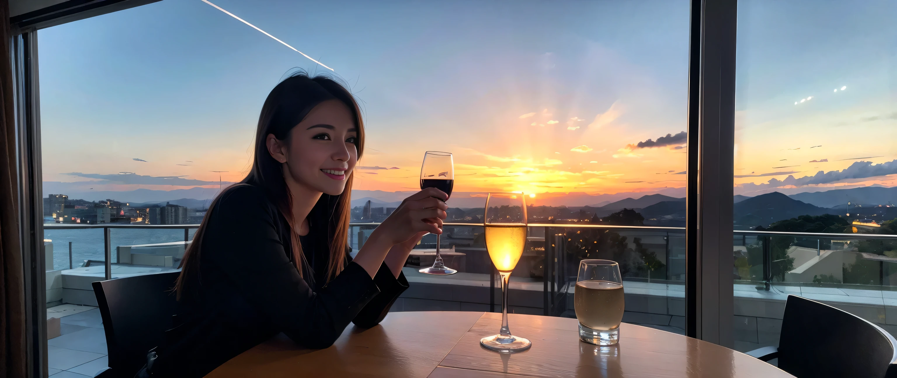 ((highest quality、8k、masterpiece:1.3))、1 male、1 female、Couple、Lovers Couple、Slim body、((Bob Hale、Straight hair:1.2))、(Realistic, Intricate details:1.2), Wine glass on the table、Put the light on your face、 Amazing view of the sunset sky and clouds、Amazing mountain views、A bright smile、A lovely woman with a smile、Bright image、Beautiful Face, blue eyes, The light shines on your face, Blushing, short hair,Bright Face、Fox face、 (40 years old), 39 years old, Lady、red wine 、Appetizers、Italian food、Wine bottle、Champagne、sparkling wine、Two beauties、Brown Hair、Shortcuts、Long sleeve shirt、dress、Pretty Woman 1, (Slim face), (The body is slim), (Brown Hair), (Shortcuts), cheeks turn a little red,Attractive beauty、, Out of the window, A beautiful and detailed night view unfolds.........., restaurant, In a prominent place (From the waist up) Nova Frog Style, actress, model, Upper Body, White wine, slim, wine glass, Wine glass placed in the center, smile, (smile: 1.15), Beautiful fine grain, Depth f/2,saturation, High Contrast, Strong light and shadow,Moist Body:1.5、3D texture、Delicate eyes、Brown Hair、The hair is very shiny、