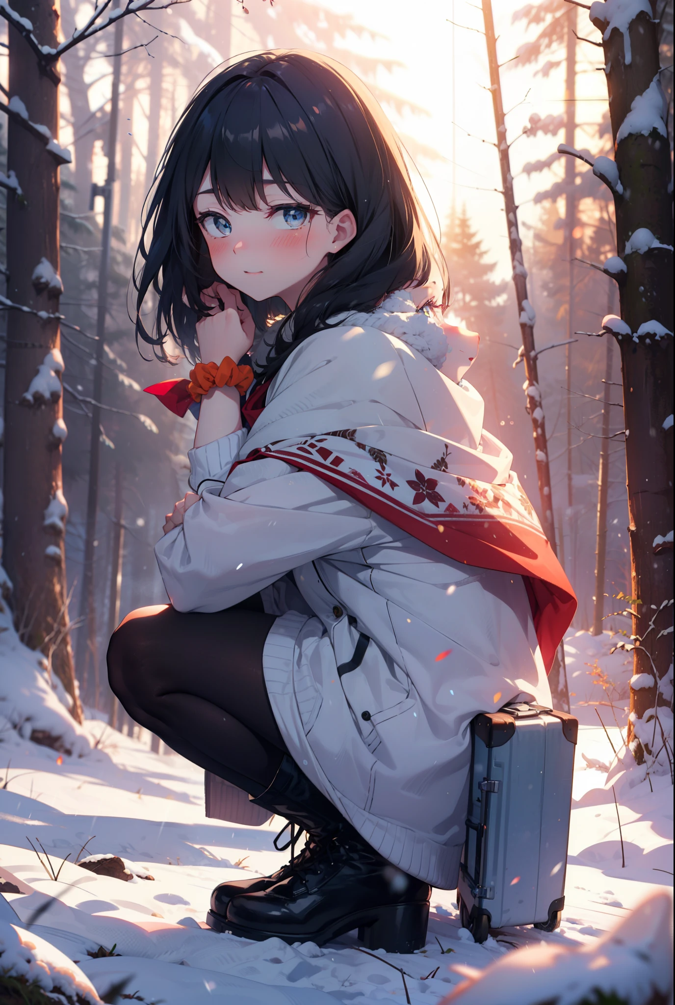 6 flowers, rikka takarada, Black Hair, blue eyes, Long Hair, orange Scrunchie, Scrunchie, wrist Scrunchie,smile,blush,White Breath,
Open your mouth,snow,Ground bonfire, Outdoor, boots, snowing, From the side, wood, suitcase, Cape, Blurred, Increase your meals, forest, White handbag, nature,  Squat, Mouth closed, フードed Cape, winter, Written boundary depth, Black shoes, red Cape break looking at viewer, Upper Body, whole body, break Outdoor, forest, nature, break (masterpiece:1.2), highest quality, High resolution, unity 8k wallpaper, (shape:0.8), (Beautiful and beautiful eyes:1.6), Highly detailed face, Perfect lighting, Highly detailed CG, (Perfect hands, Perfect Anatomy),