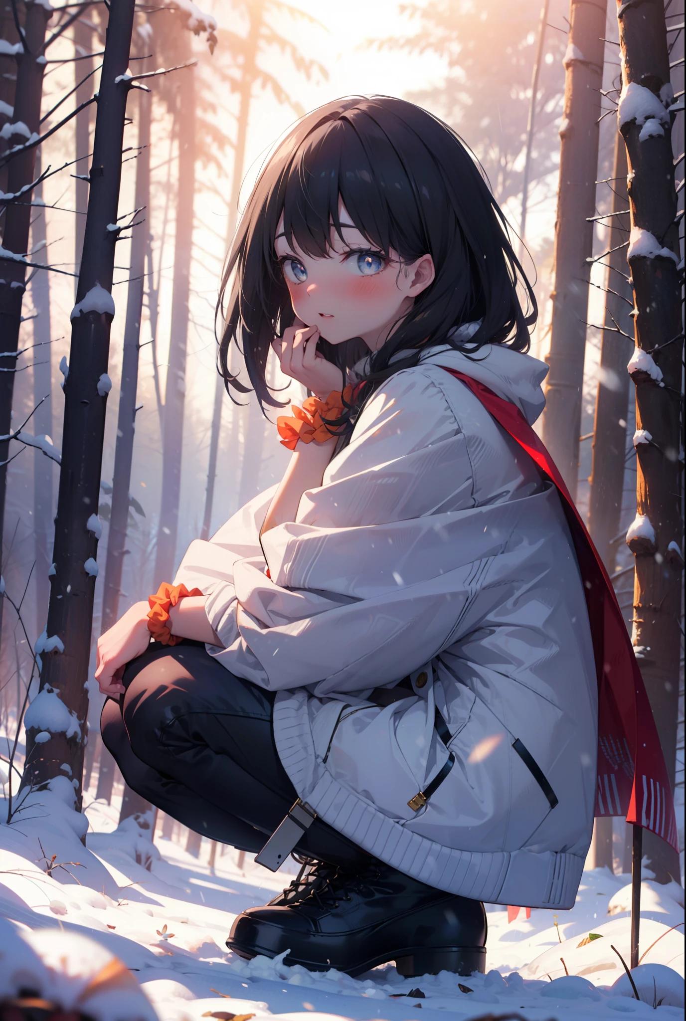 6 flowers, rikka takarada, Black Hair, blue eyes, Long Hair, orange Scrunchie, Scrunchie, wrist Scrunchie,smile,blush,White Breath,
Open your mouth,snow,Ground bonfire, Outdoor, boots, snowing, From the side, wood, suitcase, Cape, Blurred, Increase your meals, forest, White handbag, nature,  Squat, Mouth closed, フードed Cape, winter, Written boundary depth, Black shoes, red Cape break looking at viewer, Upper Body, whole body, break Outdoor, forest, nature, break (masterpiece:1.2), highest quality, High resolution, unity 8k wallpaper, (shape:0.8), (Beautiful and beautiful eyes:1.6), Highly detailed face, Perfect lighting, Highly detailed CG, (Perfect hands, Perfect Anatomy),