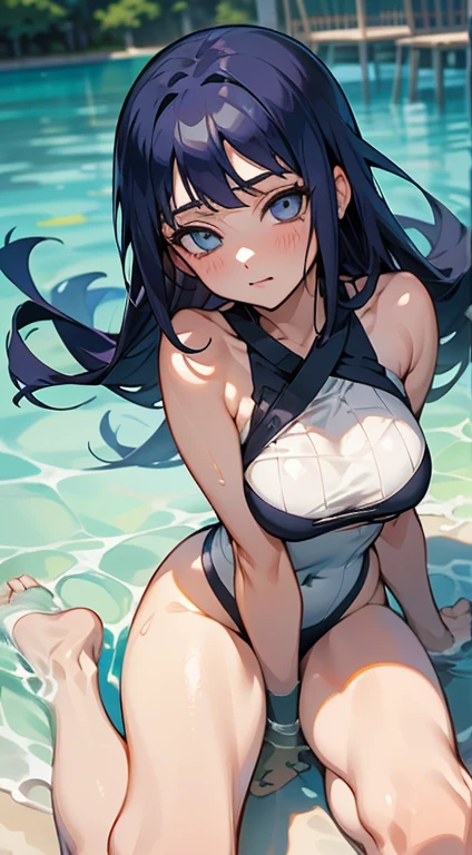 1girl, 1girl hinata full body, Hinata Hyuga, Hinata Hyuga naruto shippuden, hyuga hinata, (anime: naruto), adorable, female body, perfect body, fullbody, lavender gentle eyes, dark blue hair, dark blue long hair, beautiful, perfect body, swimsuit, female swimsuit, onepiece swimsuite, one piece bathingsuit, beautiful woman body, hinata, ultrasharp, 4k picture, highly detailed, stunning