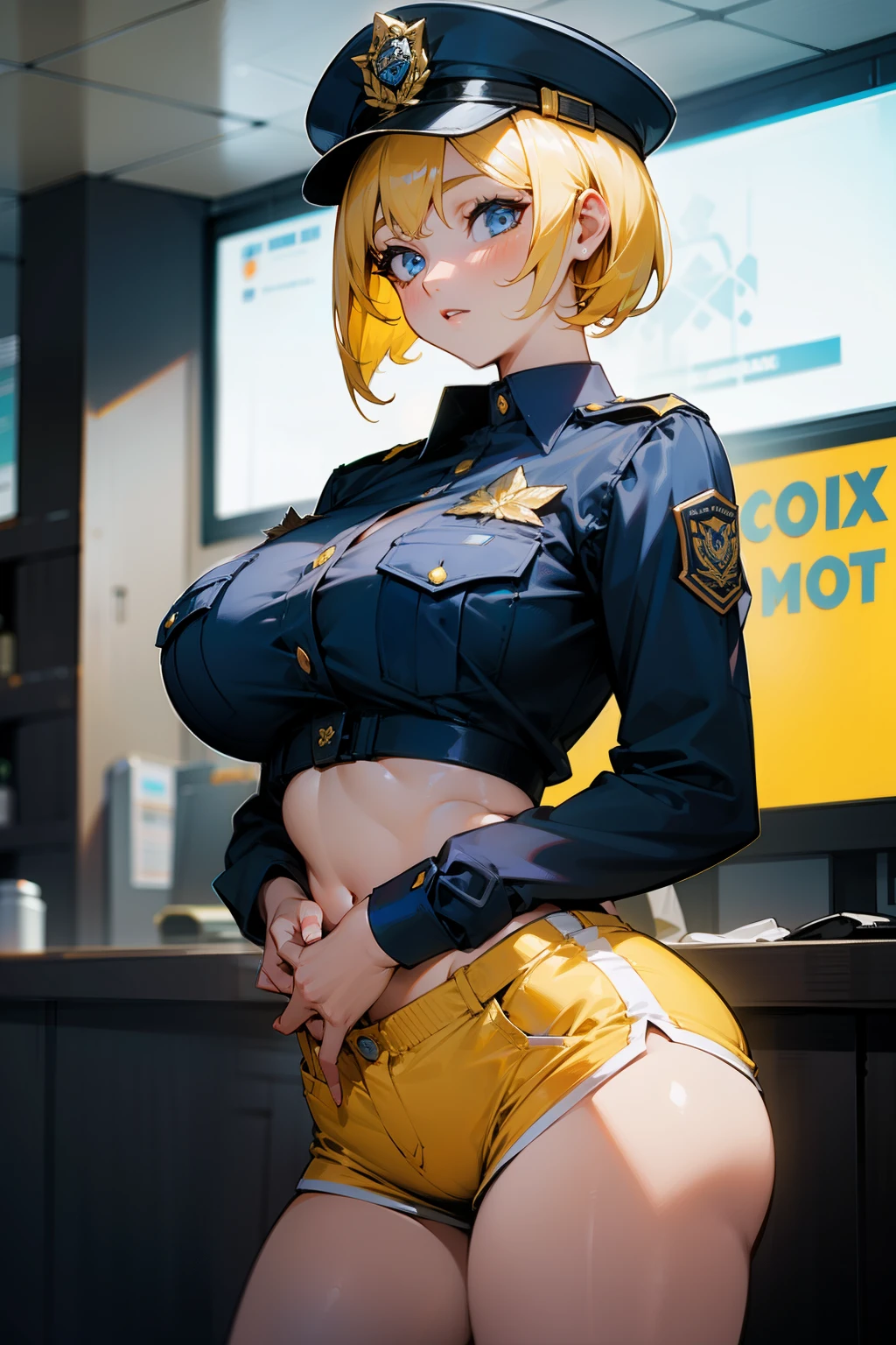 Girl, policewoman, short yellow hair, blue eyes, big breasts, exposed stomach, tight shorts