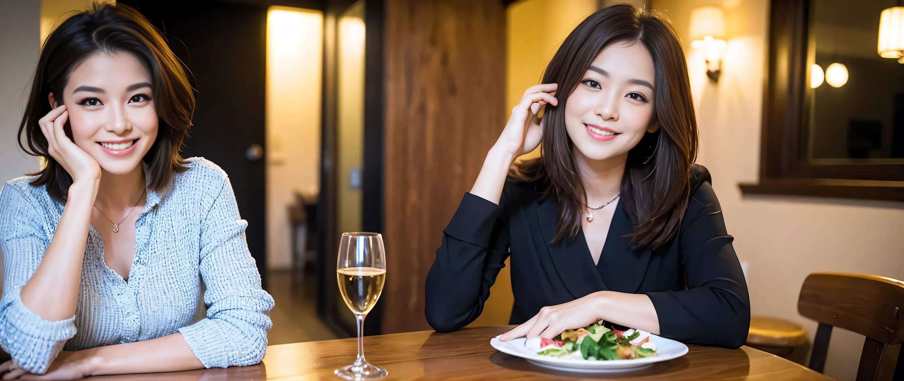 ((highest quality、8k、masterpiece:1.3))、1 male、1 female、Couple、spouse、Couple、Slim body、((Bob Hale、Straight hair:1.2)), (Realistic, Intricate details:1.2), Wine glass on the table、Shine light on your face、 Amazing view of the sunset sky and clouds、Amazing mountain views、A bright smile、The wonderfulness of smile、Bright image、The beauty of wine, Beautiful Face, blue eyes, The light shines on your face, Blushing, short hair,Bright Face、 (Age 37), 39 years old, red wine 、Appetizers、Italian food、Wine bottle、Champagne、sparkling wine、Two beauties、Brown Hair、Shortcuts、Long sleeve shirt、dress、Pretty Woman 1, (Slim face), (The body is slim), (Brown Hair), (Shortcuts), cheeks turn a little red,Attractive beauty、restaurant, In a prominent place (From the waist up) Nova Frog Style, actress, model, Upper Body, White wine, slim, wine glass, Wine glass placed in the center, smile, (smile: 1.15), Beautiful fine grain, Depth f/2,saturation, High Contrast, Strong light and shadow,Moist Body:1.5、3D texture、Delicate eyes、Brown Hair、The hair is very shiny、