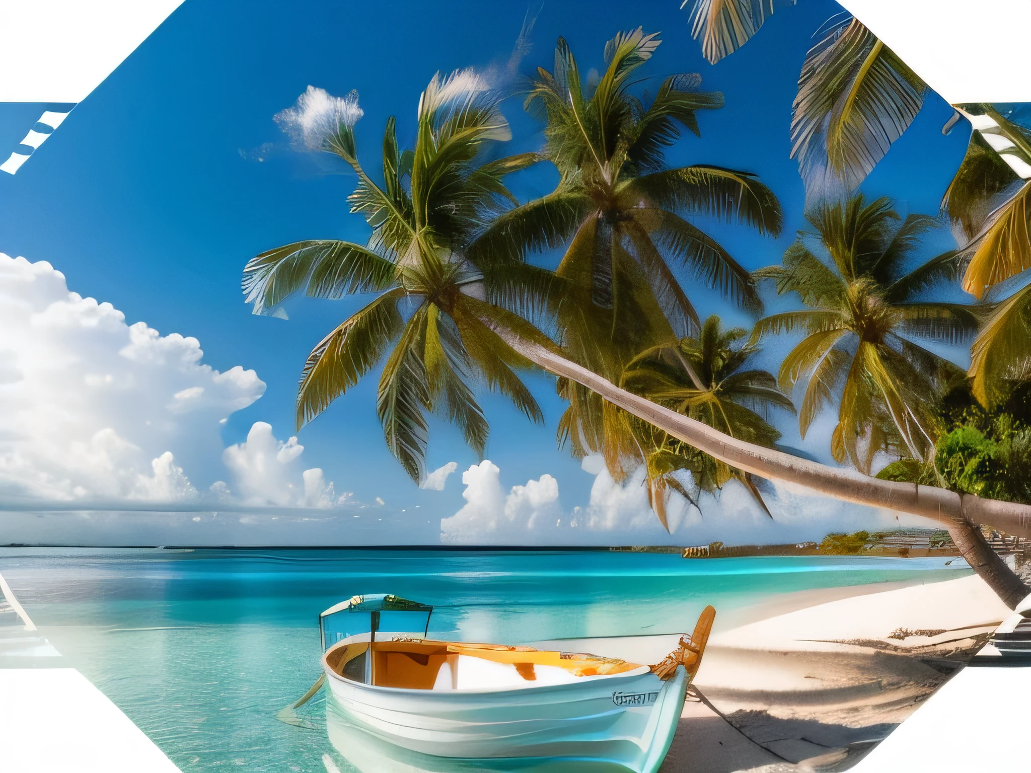 White Background, A small island in the middle of the sea, With palm trees, Coastal plants and a small boat, Super quality and detail, Sharpness
