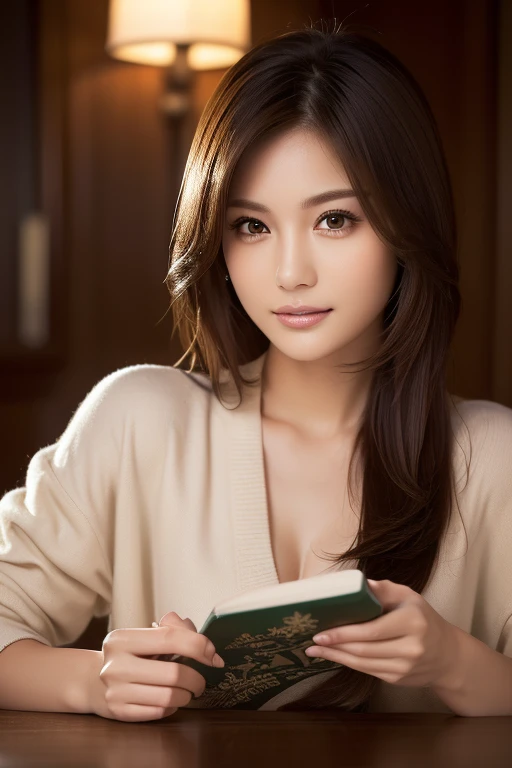 (((Read a book over a cup of coffee, Casual wear, holiday, calmness))), (Ultra Realistic, High resolution), (Highly detailed eyes, Highly detailed hair, highly detailed face, Highly detailed plump lips,Perfect Anatomy),(highest quality:1.4), RAW Photos,(Realistic, photo-Realistic:1.37)