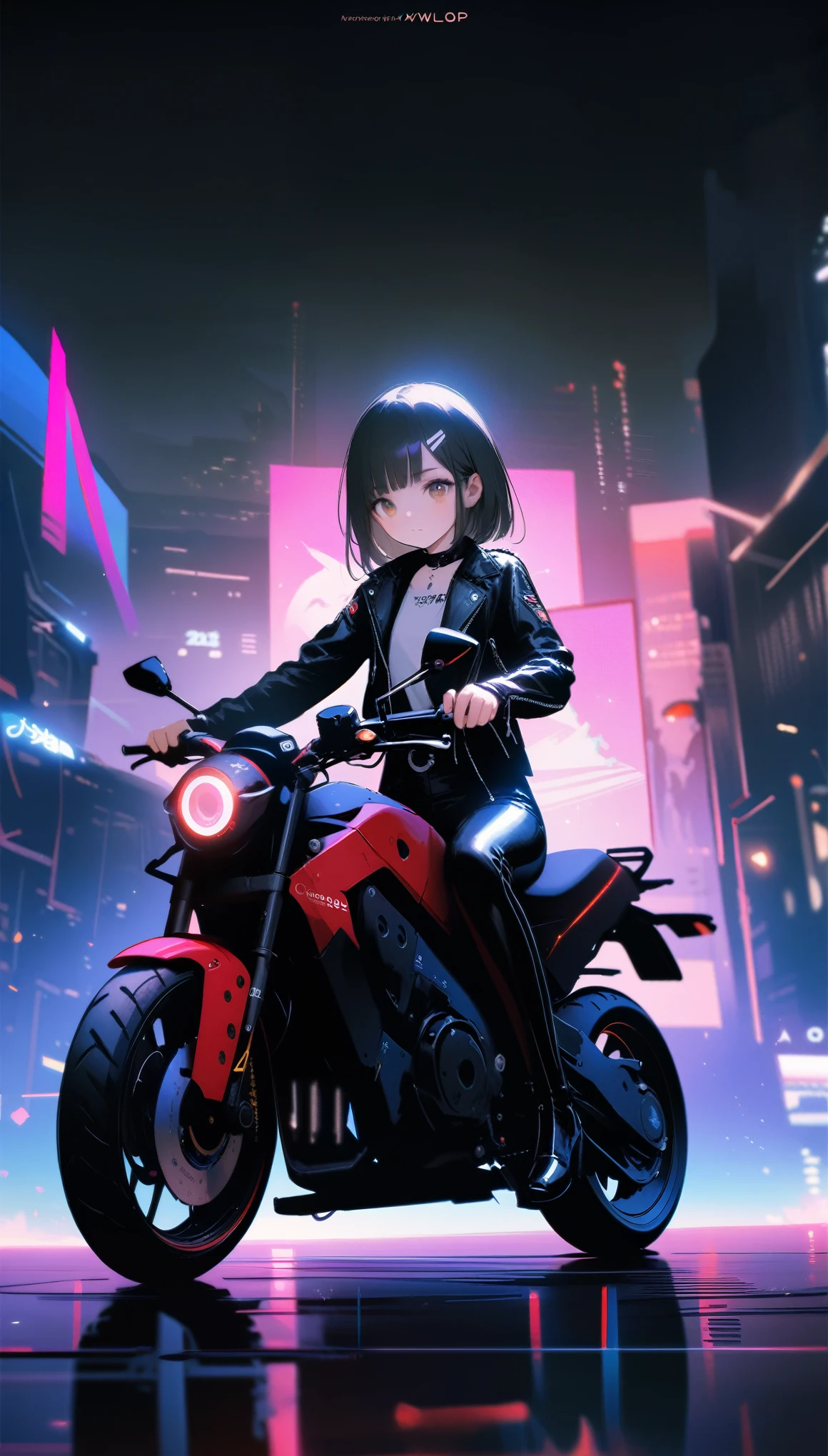 [artist:ningen_mame],[artist:sho_(sho_lwlw)],[artist:mignon],[artist:kedama milk],[artist:ask_(askzy)],artist:wanke,artist:wlop,artist:fujiyama,year 2024,8k,cyberpunk style,1girl,(Miyu Edelfelt),black hair,brown eyes,small chest,Tight leather jacket and leather pants cover the whole body,High-heeled leather boots,riding Electric motorcycle,Beautiful,Glowing special effects,celluloid style,Flat coating,HD,CG art,comics,8K,looking into camera,high quality,illustration,Vaporwave style,rim light,movie lighting,Super detailed,complex,OC renderer,cinematic perspective,high resolution