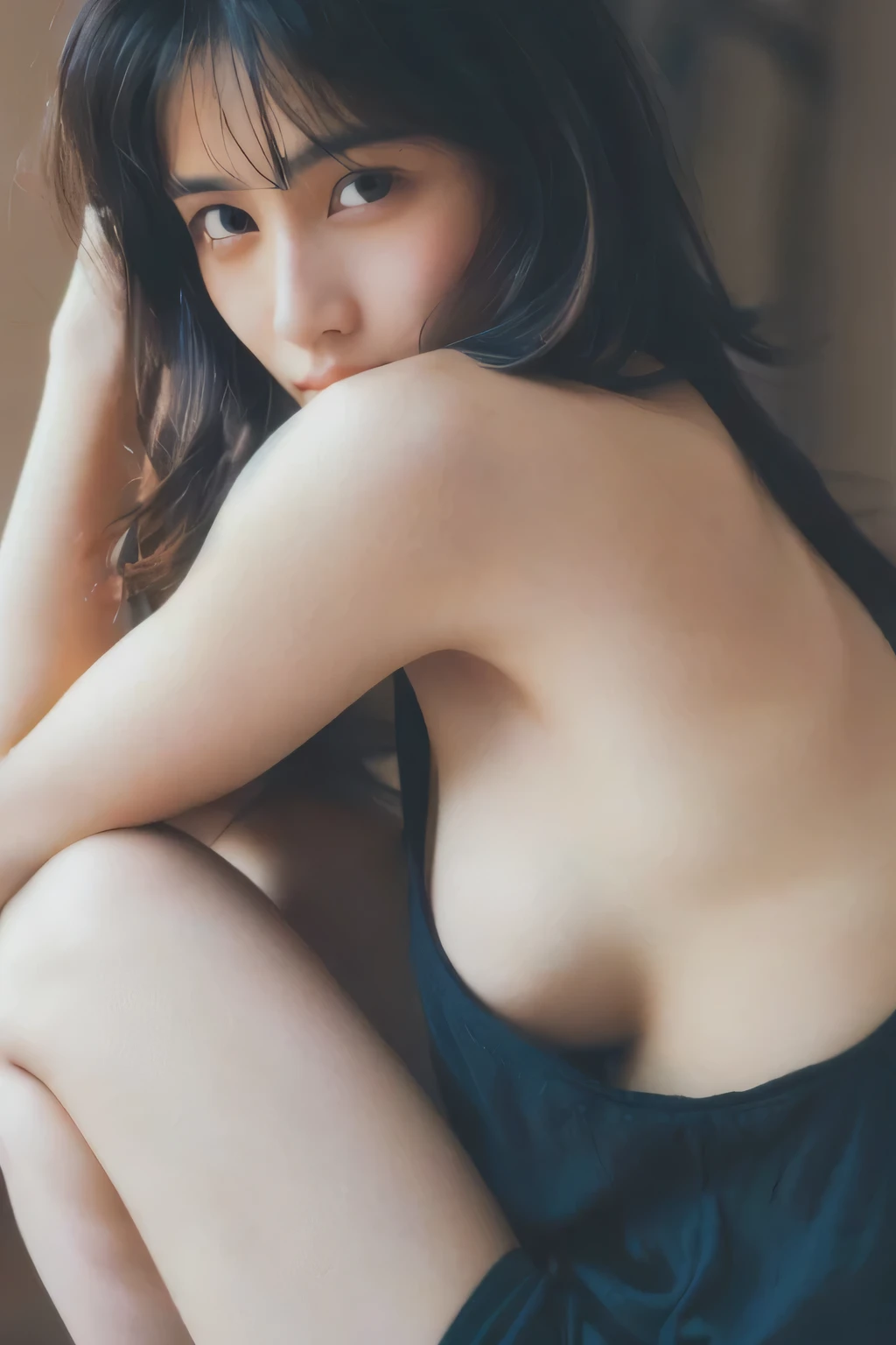 Asian woman Aarav sitting on the bed with her hands on her head., sexy :8, Japanese model, Yoshitomo Nara, Ravier, the dazzling young idol, By Kentaro Miura, revealing clothes, Young Gravure Idol, Photo of a thin young model, Cute girl - clear face, By Tadashi Nakayama