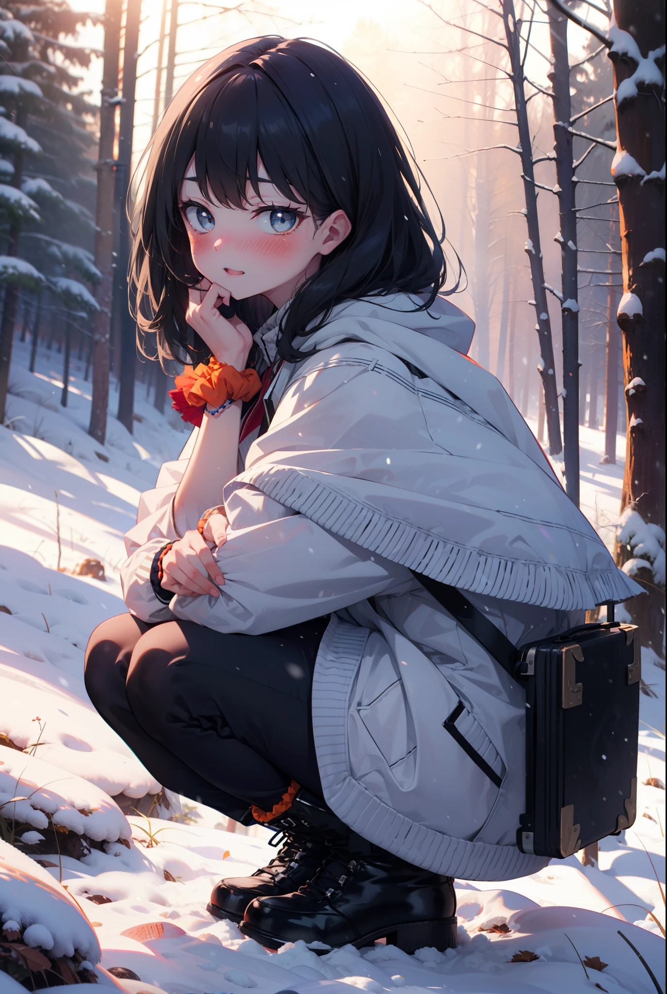 6 flowers, rikka takarada, Black Hair, blue eyes, Long Hair, orange Scrunchie, Scrunchie, wrist Scrunchie,smile,blush,White Breath,
Open your mouth,snow,Ground bonfire, Outdoor, boots, snowing, From the side, wood, suitcase, Cape, Blurred, Increase your meals, forest, White handbag, nature, Squat, Mouth closed, フードed Cape, winter, Written boundary depth, Black shoes, red Cape break looking at viewer, Upper Body, whole body, break Outdoor, forest, nature, break (masterpiece:1.2), highest quality, High resolution, unity 8k wallpaper, (shape:0.8), (Beautiful and beautiful eyes:1.6), Highly detailed face, Perfect lighting, Highly detailed CG, (Perfect hands, Perfect Anatomy),