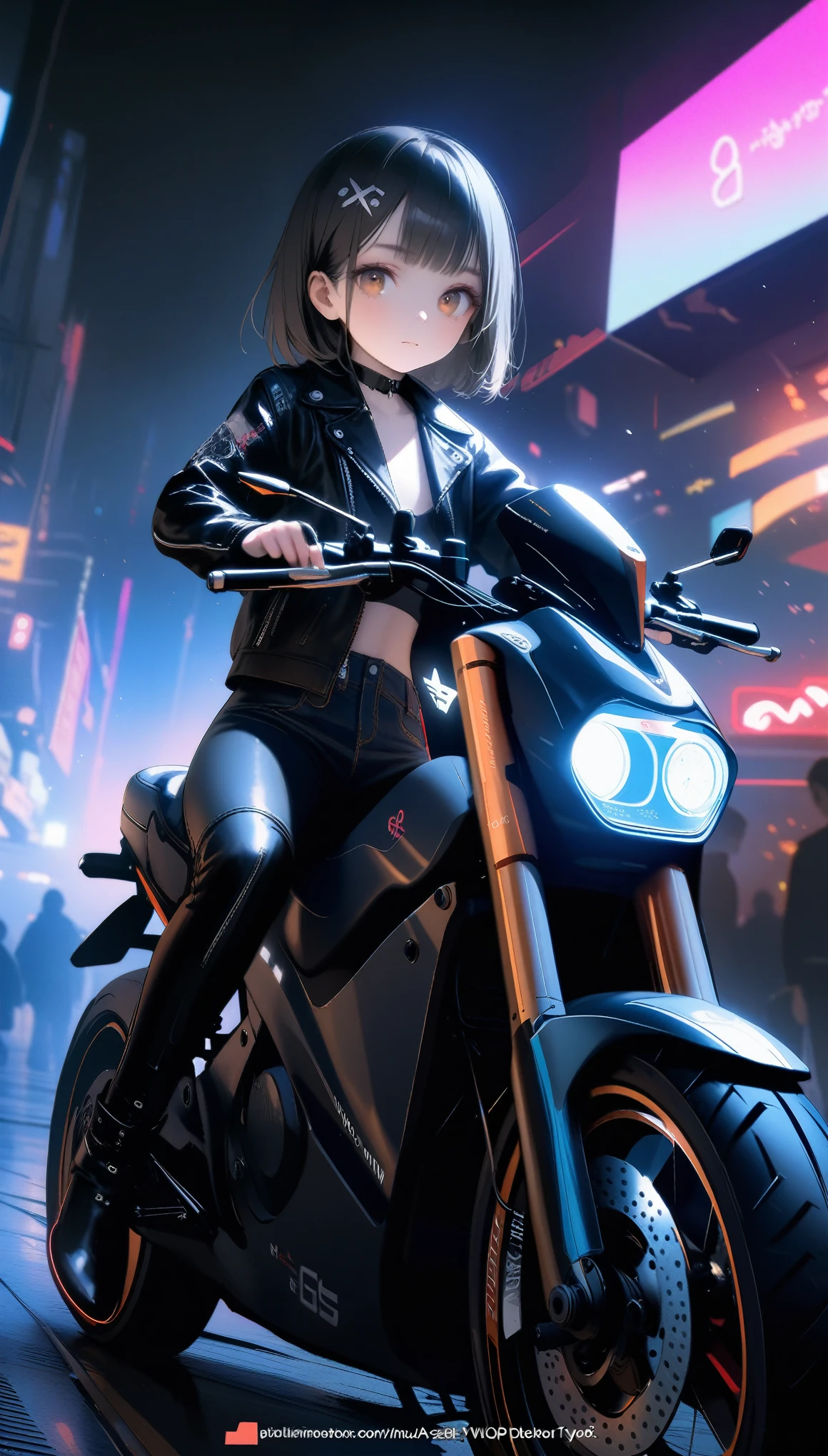 [artist:ningen_mame],[artist:sho_(sho_lwlw)],[artist:mignon],[artist:kedama milk],[artist:ask_(askzy)],artist:wanke,artist:wlop,artist:fujiyama,year 2024,8k,cyberpunk style,1girl,(Miyu Edelfelt),black hair,brown eyes,small chest,Tight leather jacket and leather pants cover the whole body,High-heeled leather boots,riding Electric motorcycle,Beautiful,Glowing special effects,celluloid style,Flat coating,HD,CG art,comics,8K,looking into camera,high quality,illustration,Vaporwave style,rim light,movie lighting,Super detailed,complex,OC renderer,cinematic perspective,high resolution