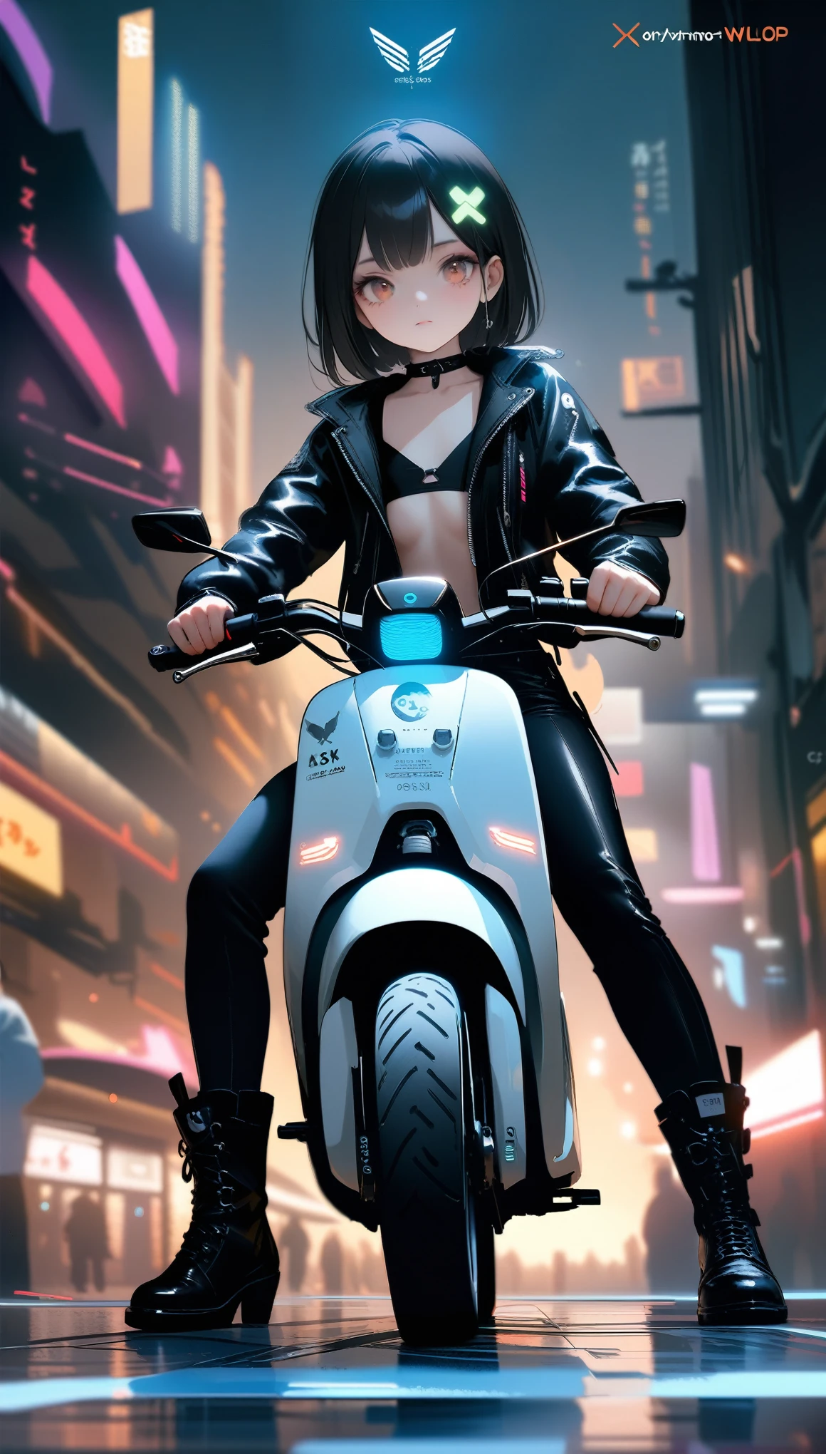 [artist:ningen_mame],[artist:sho_(sho_lwlw)],[artist:mignon],[artist:kedama milk],[artist:ask_(askzy)],artist:wanke,artist:wlop,artist:fujiyama,year 2024,8k,cyberpunk style,1girl,(Miyu Edelfelt),black hair,brown eyes,small chest,Tight leather jacket and leather pants cover the whole body,High-heeled leather boots,riding electric scooter,Beautiful,Glowing special effects,celluloid style,Flat coating,HD,CG art,comics,8K,looking into camera,high quality,illustration,Vaporwave style,rim light,movie lighting,Super detailed,complex,OC renderer,cinematic perspective,high resolution