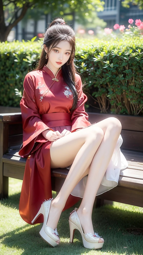 ((masterpiece)), best quality, 8k a chinese girl, detailed face, detailed eyes, beautiful, pretty, red lips, loose clothes with long, large, sleeves. Under the long skirt was a pair of high-heeled clogs, some embroidery on them, in a plain garden
