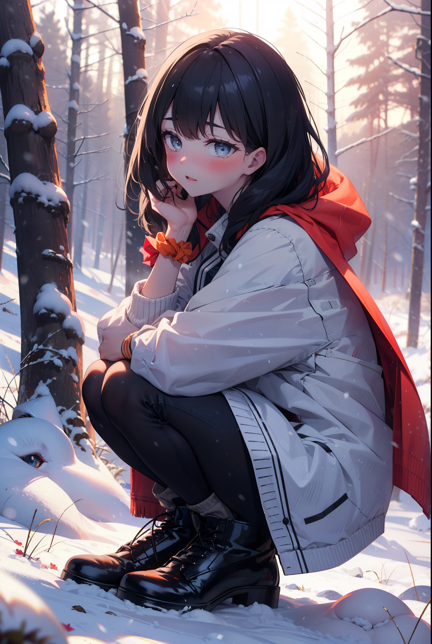 6 flowers, rikka takarada, Black Hair, blue eyes, Long Hair, orange Scrunchie, Scrunchie, wrist Scrunchie,smile,blush,White Breath,
Open your mouth,snow,Ground bonfire, Outdoor, boots, snowing, From the side, wood, suitcase, Cape, Blurred, Increase your meals, forest, White handbag, nature,  Squat, Mouth closed, フードed Cape, winter, Written boundary depth, Black shoes, red Cape break looking at viewer, Upper Body, whole body, break Outdoor, forest, nature, break (masterpiece:1.2), highest quality, High resolution, unity 8k wallpaper, (shape:0.8), (Beautiful and beautiful eyes:1.6), Highly detailed face, Perfect lighting, Highly detailed CG, (Perfect hands, Perfect Anatomy),