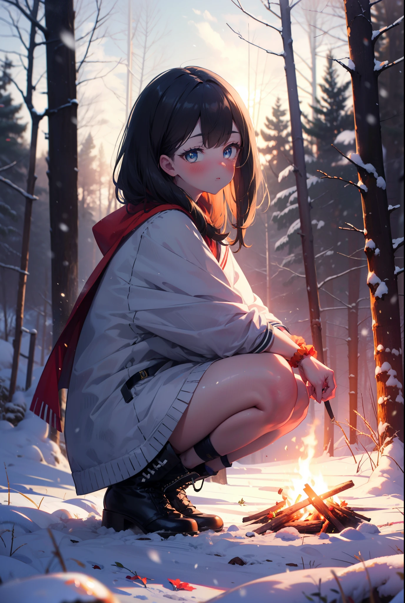 6 flowers, rikka takarada, Black Hair, blue eyes, Long Hair, orange Scrunchie, Scrunchie, wrist Scrunchie,smile,blush,White Breath,
Open your mouth,snow,Ground bonfire, Outdoor, boots, snowing, From the side, wood, suitcase, Cape, Blurred, Increase your meals, forest, White handbag, nature,  Squat, Mouth closed, フードed Cape, winter, Written boundary depth, Black shoes, red Cape break looking at viewer, Upper Body, whole body, break Outdoor, forest, nature, break (masterpiece:1.2), highest quality, High resolution, unity 8k wallpaper, (shape:0.8), (Beautiful and beautiful eyes:1.6), Highly detailed face, Perfect lighting, Highly detailed CG, (Perfect hands, Perfect Anatomy),